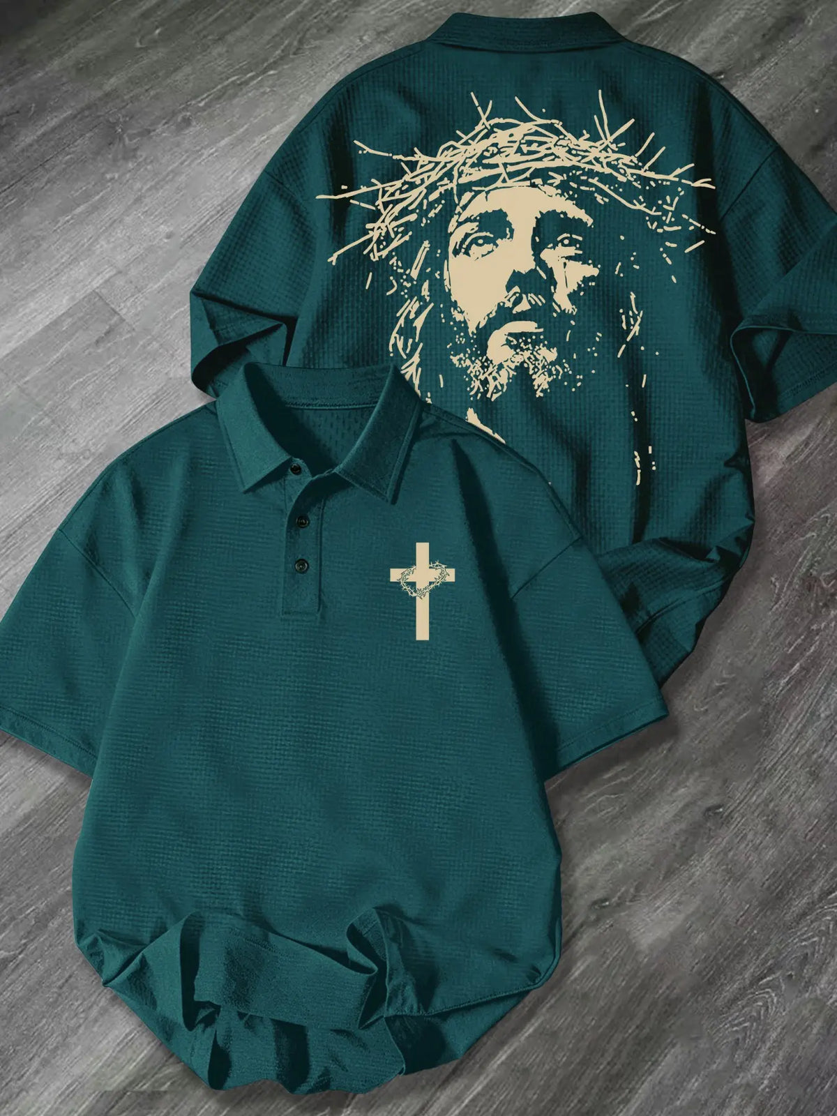 Mens Collared Waffle Knit Classic Streetwear Polo Shirt Thorn Crown Cross Portrait Graphic Chest & Back Print Faith Themed Casual Short Sleeve Top For Daily Church Urban Relaxed Leisure Outfit Printed Polo Shirts
