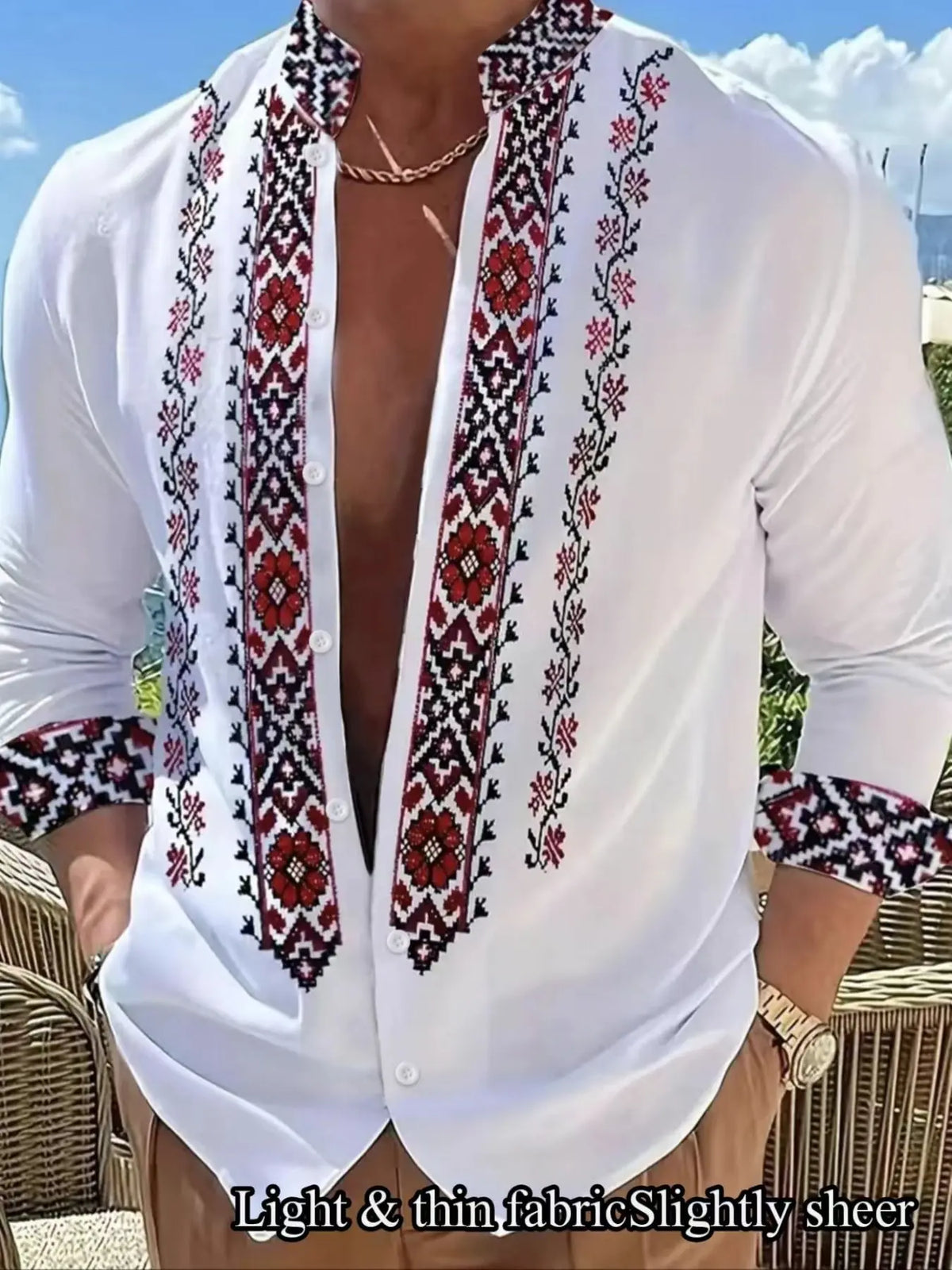 Men's Ethnic Cultural Print Shirt, Long Sleeve Collared Fitted Blouse, Casual Spring & Fall Top, Trendy Vacation Wear, No Zipper Design