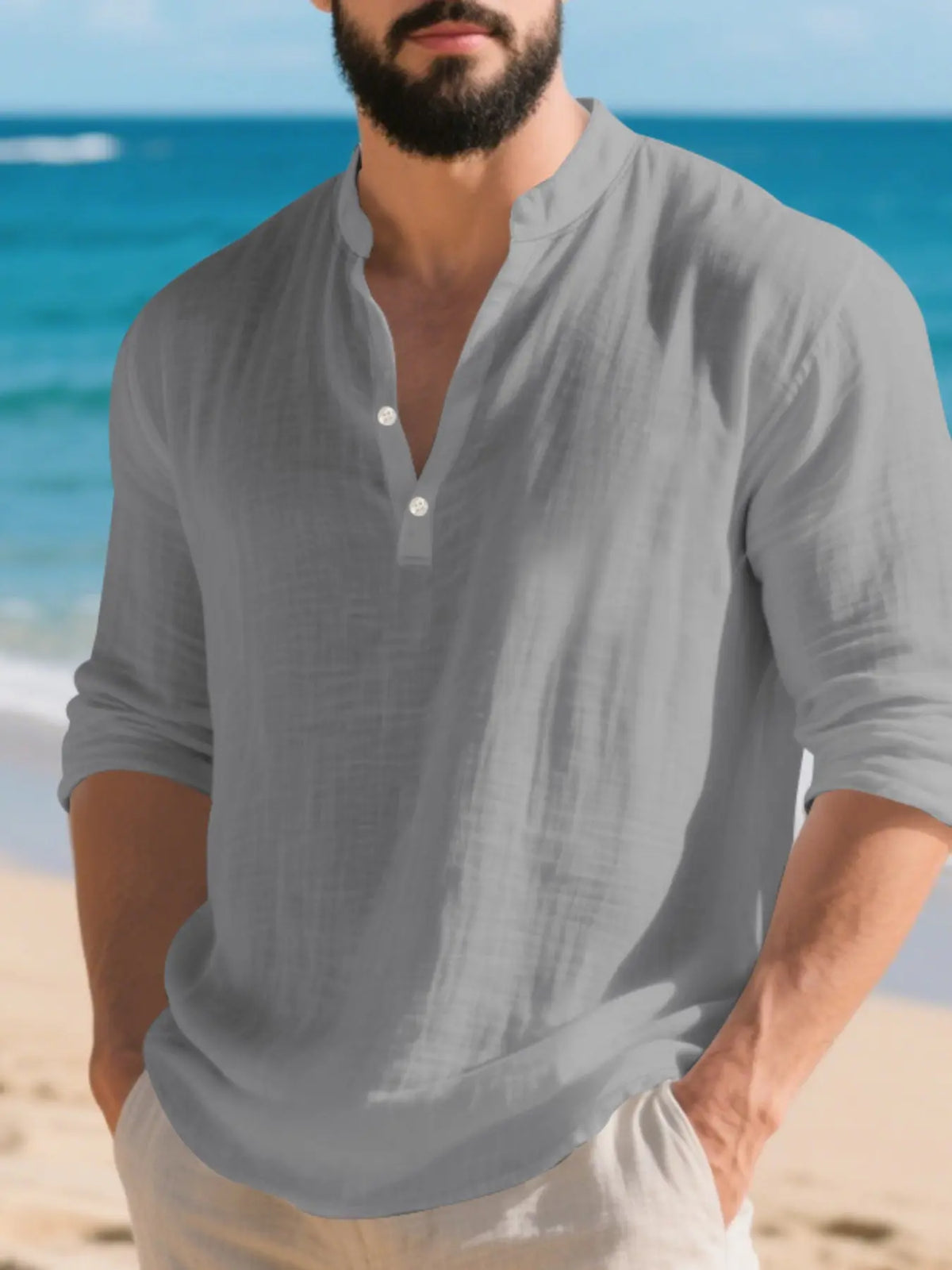 Men's Autumn Linen Henley Shirt, Casual Breathable Shirts, Casual Long Sleeve V Neck Top, Breathable Fashionable Daily Wear, Perfect for Fall Season, Menswear