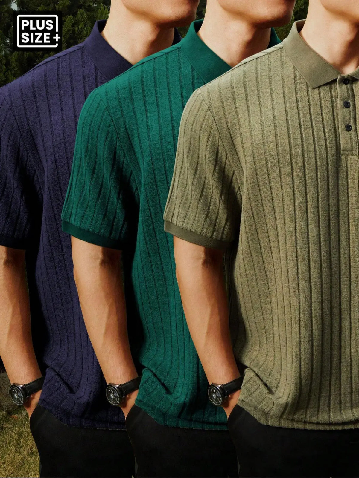 【Plus Size】Men's Plus Size Solid Rib-Knit Casual Polo Shirt, Plain Collar Shirt, Formal, Short Sleeve, Summer, Collared Polo Shirt, Plain Polo Shirts, Summer Polos