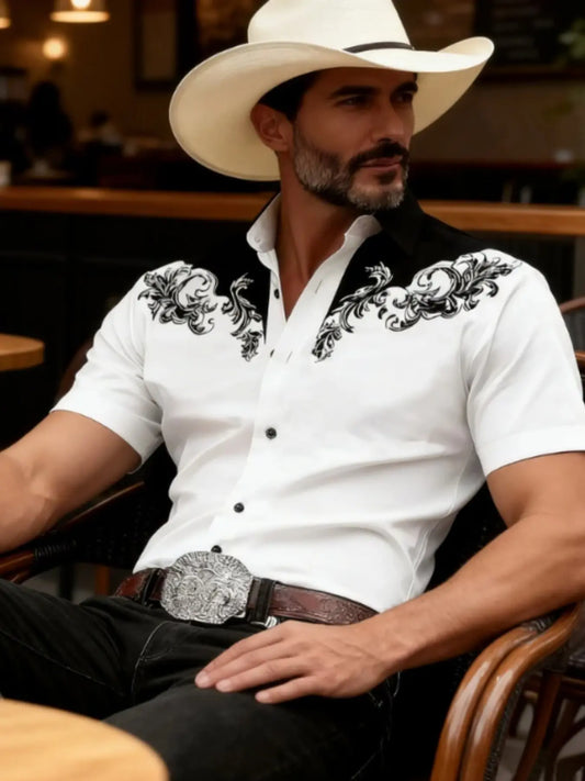 Men's Western Cowboy Classic Style Print Short Sleeve Shirt, Vintage Button-Up, Multiple Colors, Ideal for Rodeo, Casual, Parties, Casual Unique Design