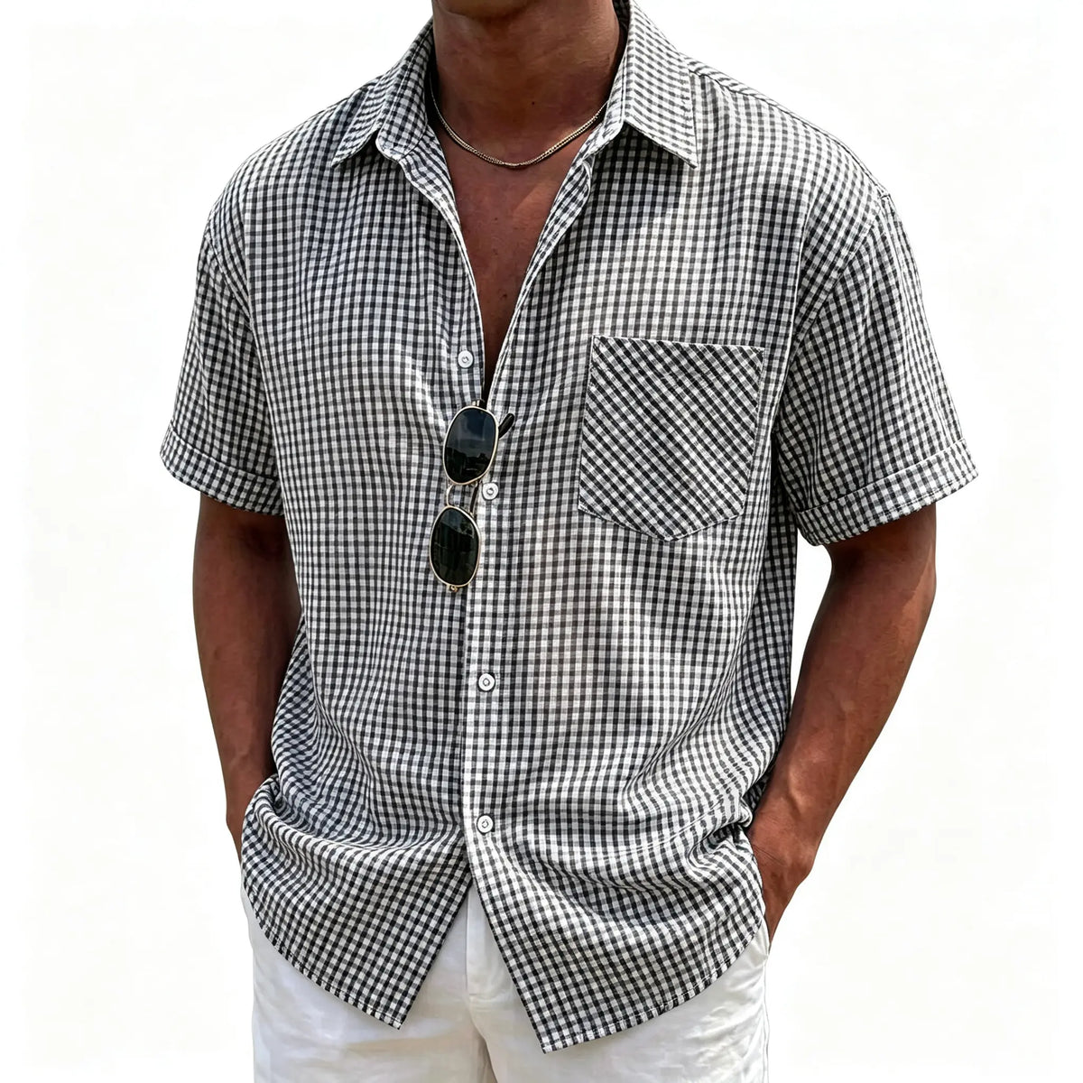 Men's Cotton Collared Neck Blue Checked Gingham Plaid Short-Sleeve Button-Down Tops - Oversized Loose Fit Menswear, Lightweight Breathable, Chest Pocket, Stylish Classical Man Style, Casual for Summer Beach Vacation