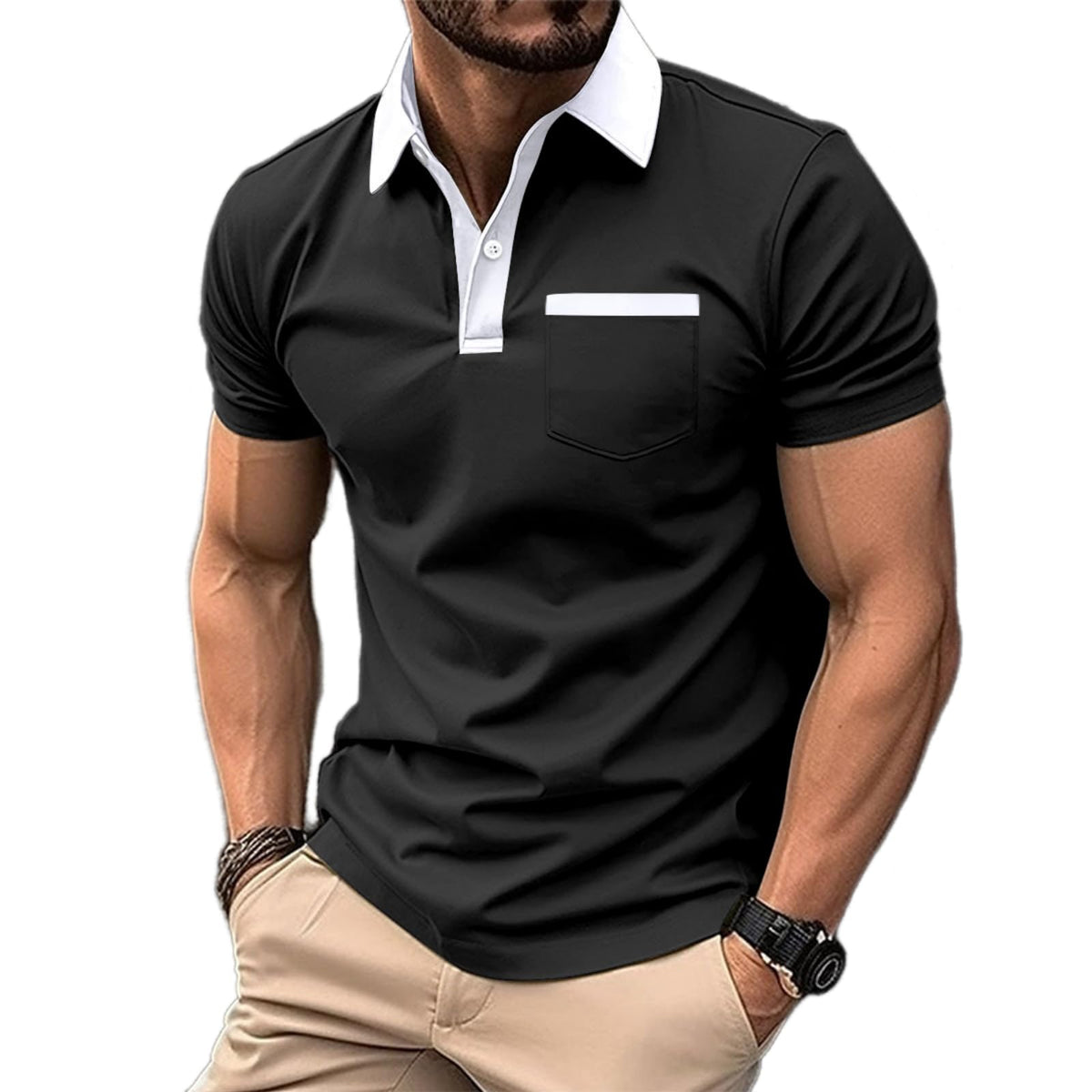 Mens Casual Polo Shirts Classic Short Sleeve Golf Shirt Fashion Button Cotton Top with Pocket