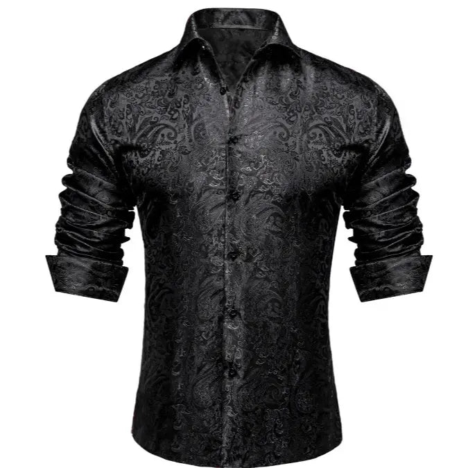 AILISUS Men's Oversize Floral Jacquard Paisley Button Shirt - Black/Gray, Business Casual Work Wear, Ideal for Dances, Graduation, Show, Party Wear, Gifting Option