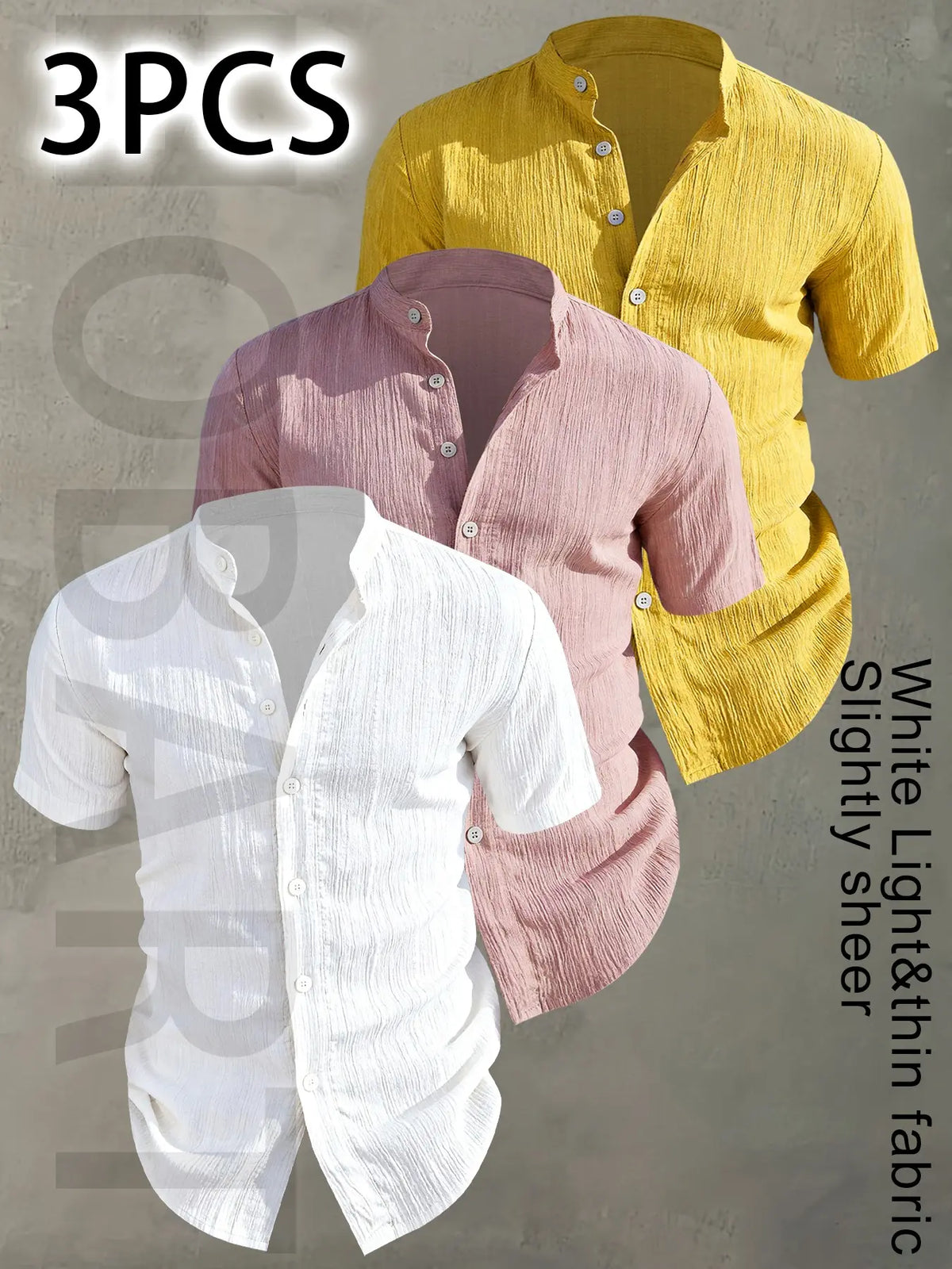 3pcs Set Men's Summer Short Sleeve - Lightweight Breathable Plain Color Button-Up Casual Shirt with Stand Collar, Low-cut collar designr Beach Vacation, Pool Party & Casual Attire, Beach Shirt, Collared Fitted Shirt, gift for husband