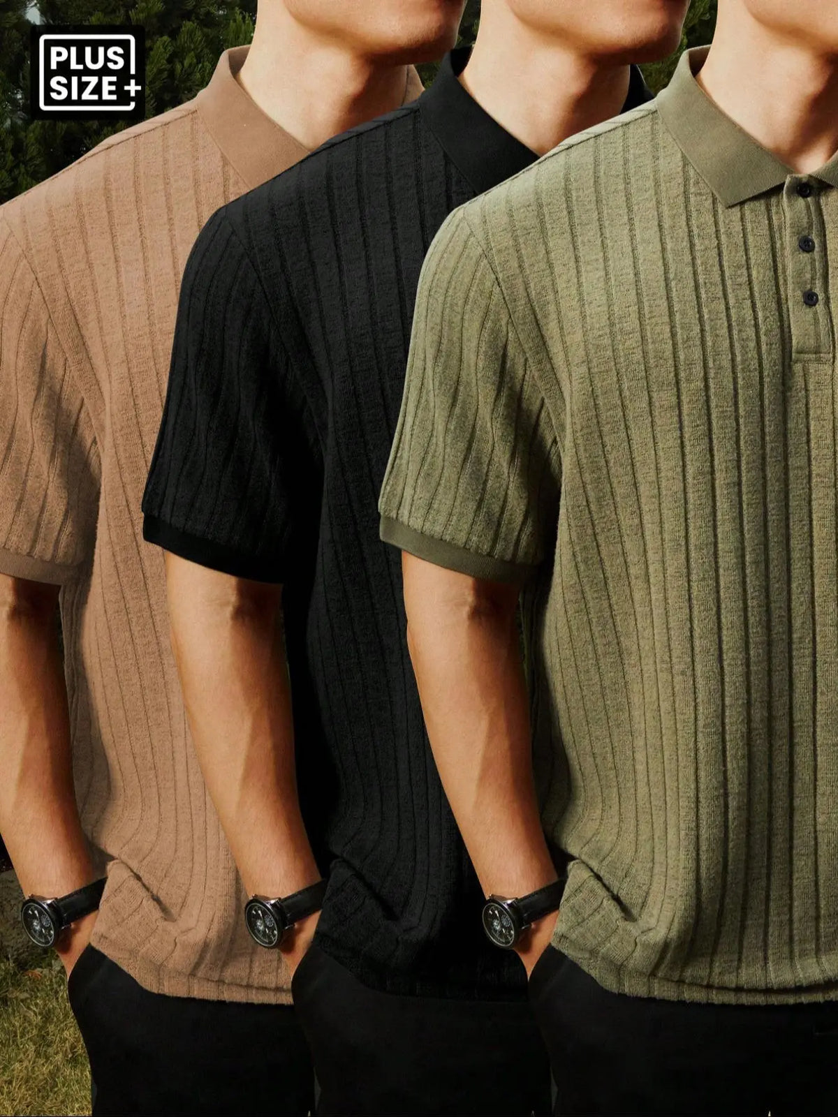 【Plus Size】Men's Plus Size Solid Rib-Knit Casual Polo Shirt, Plain Collar Shirt, Formal, Short Sleeve, Summer, Collared Polo Shirt, Plain Polo Shirts, Summer Polos