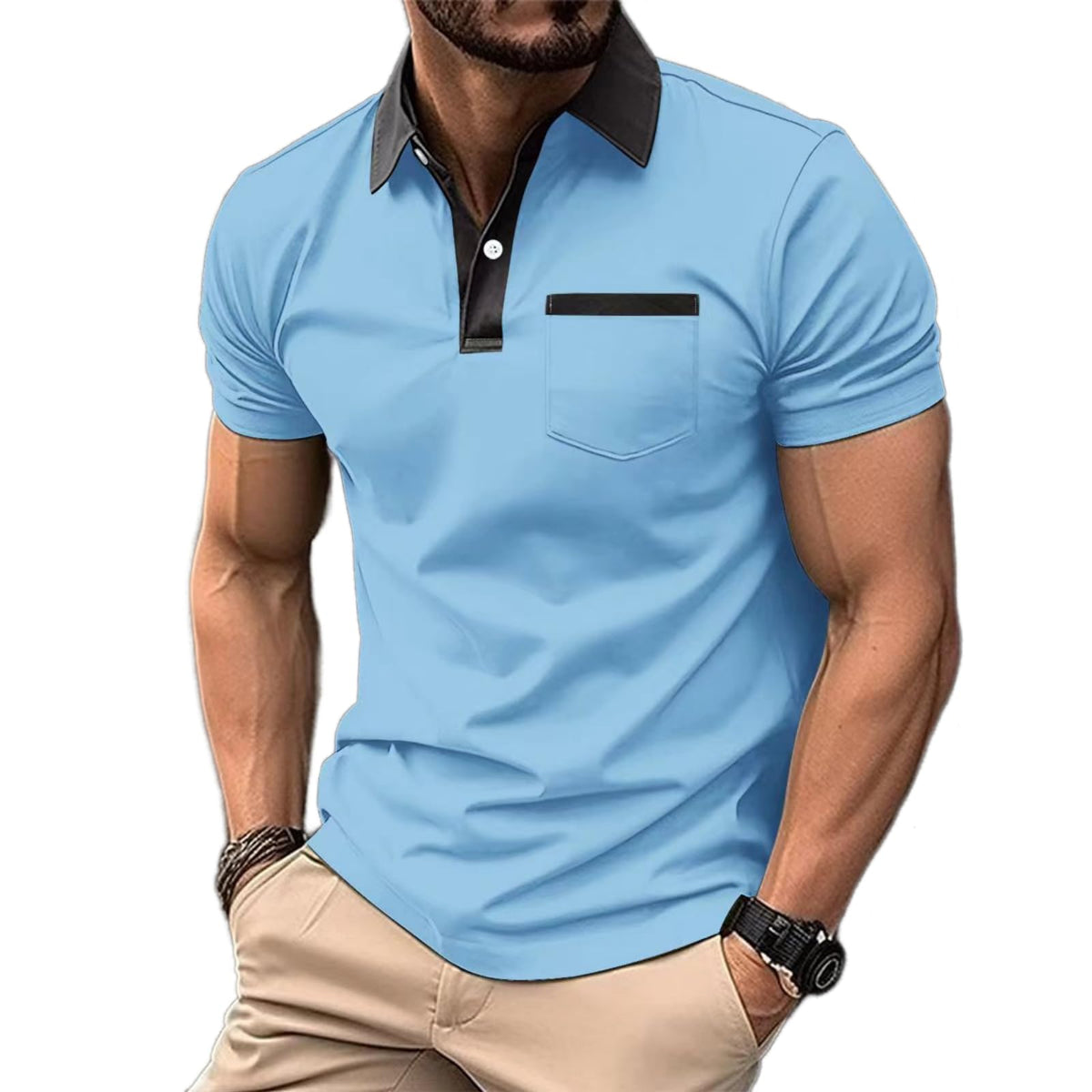 Mens Casual Polo Shirts Classic Short Sleeve Golf Shirt Fashion Button Cotton Top with Pocket