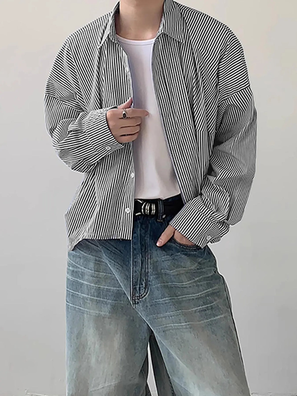 Men's Striped Print Long Sleeve High Stretch Loose Casual Comfy Drop Shoulder Button Front Collared Top for All Seasons, Fashion Men's Clothes for Daily Wear, Button Down Shirts, Long Sleeved