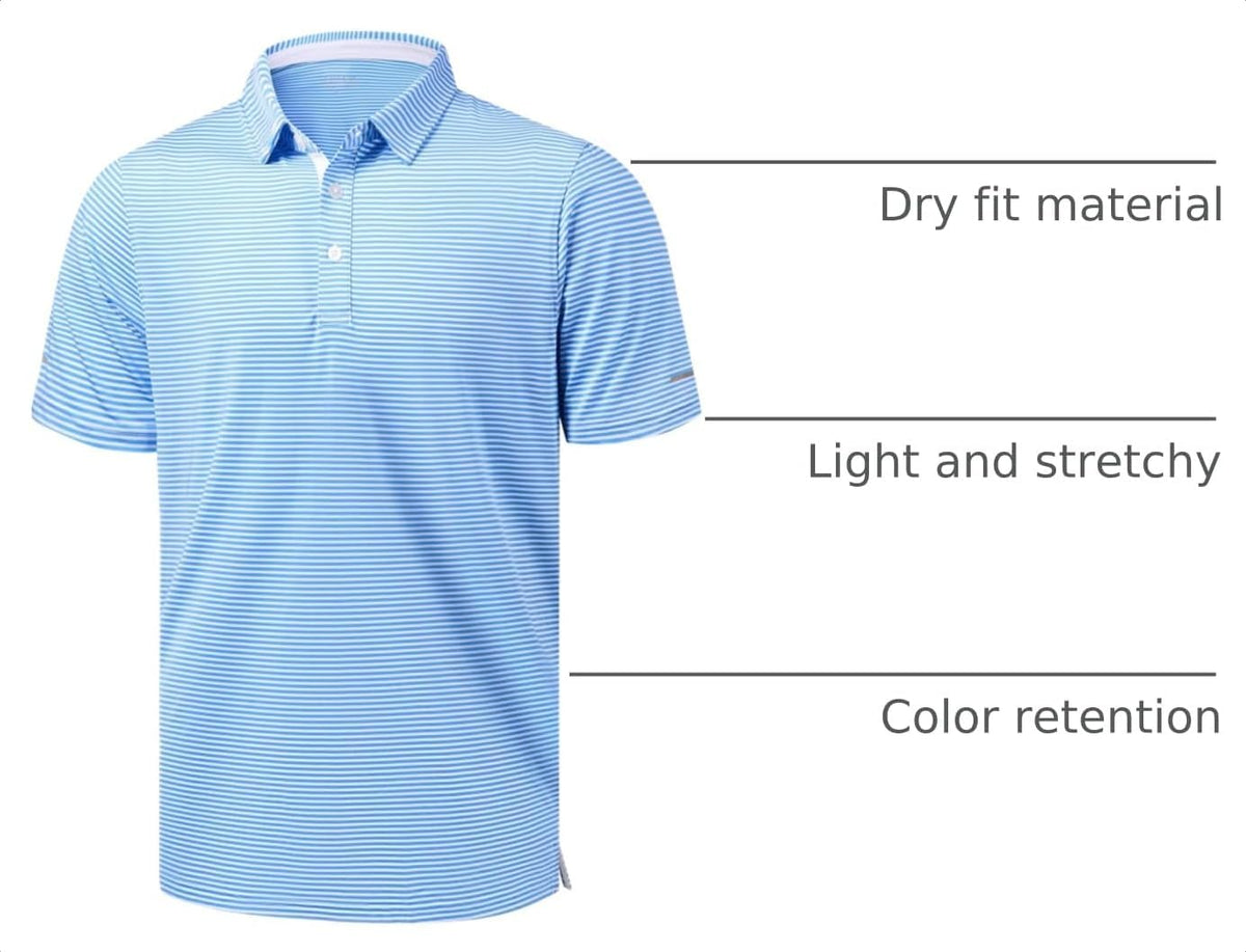 Golf Shirts for Men - Dry Fit Moisture Wicking Short Sleeve Performance Sport Casual Striped Collared Mens Polo Shirt