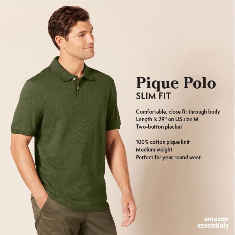 Amazon Essentials Men's Short Sleeve Slim-Fit Cotton Pique Polo Shirt, Breathable Collared