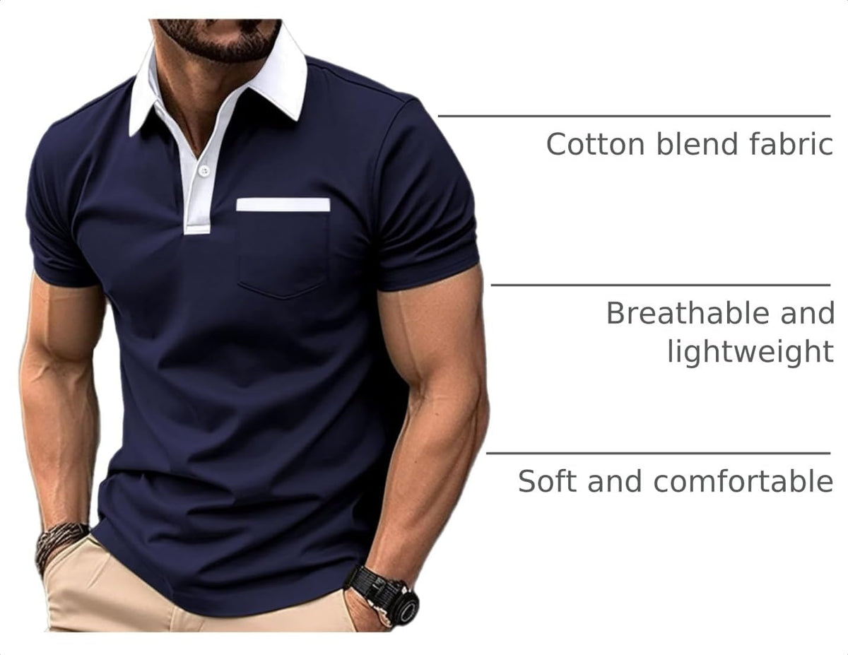 Mens Casual Polo Shirts Classic Short Sleeve Golf Shirt Fashion Button Cotton Top with Pocket