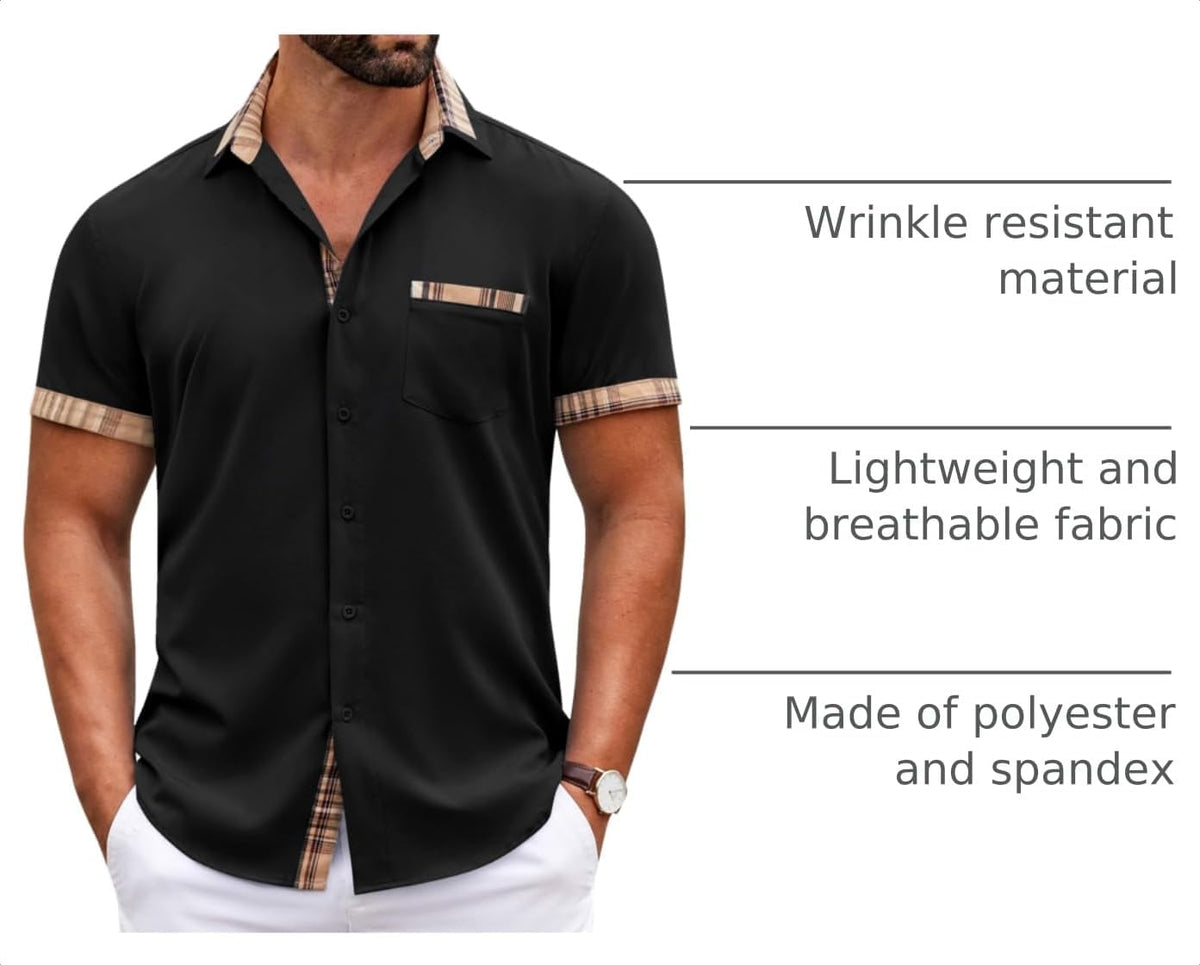 COOFANDY Mens Short Sleeve Button Down Shirts Casual Wrinkle Free Dress Shirt Plaid Collar Summer Shirts