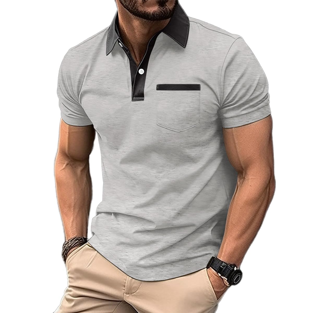 Mens Casual Polo Shirts Classic Short Sleeve Golf Shirt Fashion Button Cotton Top with Pocket