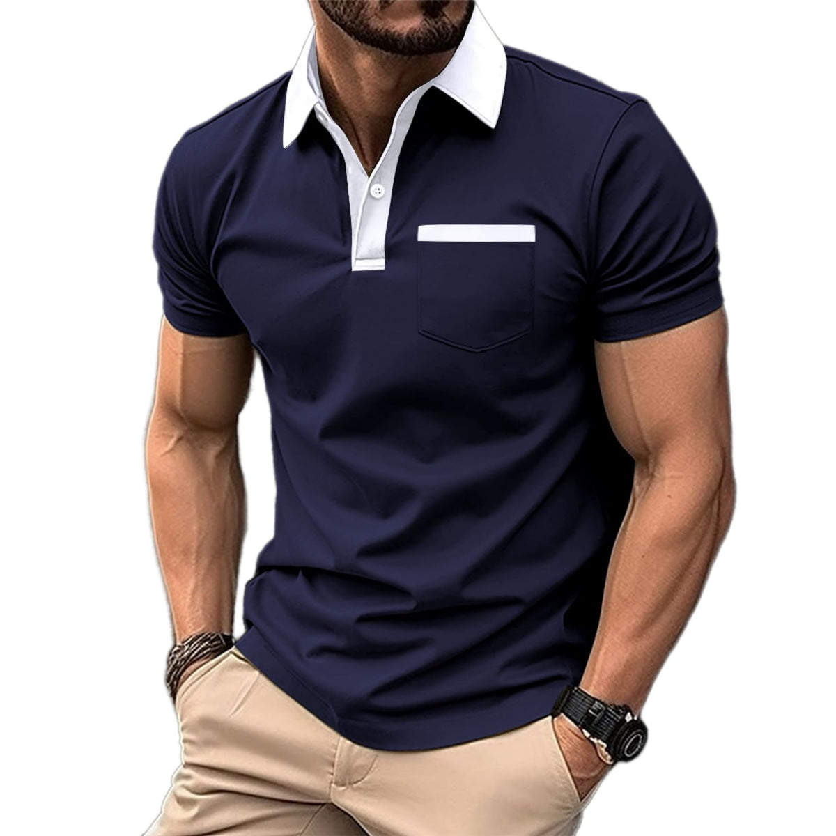 Mens Casual Polo Shirts Classic Short Sleeve Golf Shirt Fashion Button Cotton Top with Pocket