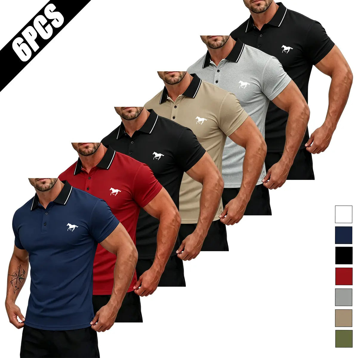 Men's Summer Short-Sleeve Horse Logo Graphic Mix Print Polo Shirt Multi-Pack - Stylish Mature Top for Casual Outings, Gifting, Horse Logo Graphic Polo Shirts, Mix Print Polo Shirts,back to school,back to school shopping