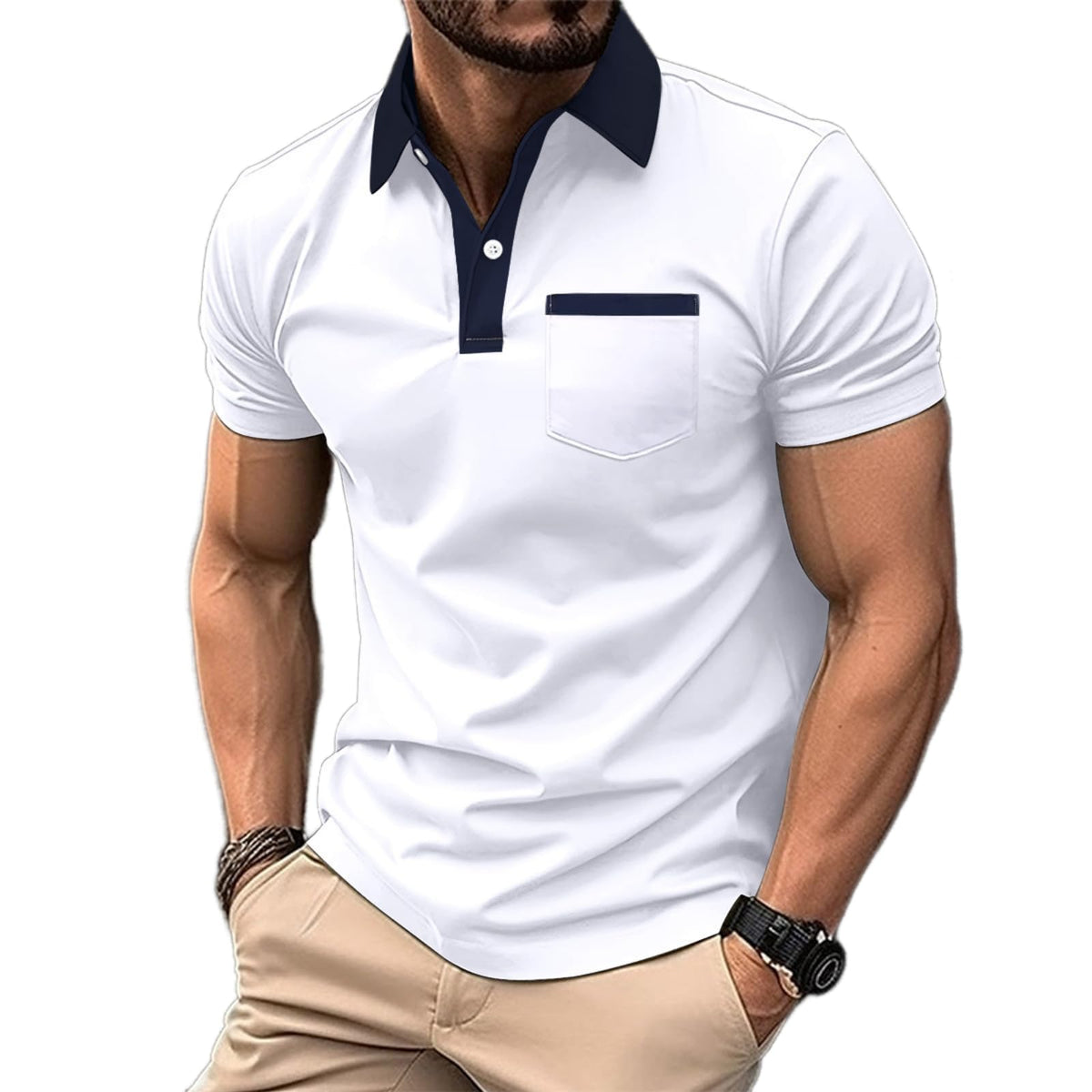 Mens Casual Polo Shirts Classic Short Sleeve Golf Shirt Fashion Button Cotton Top with Pocket