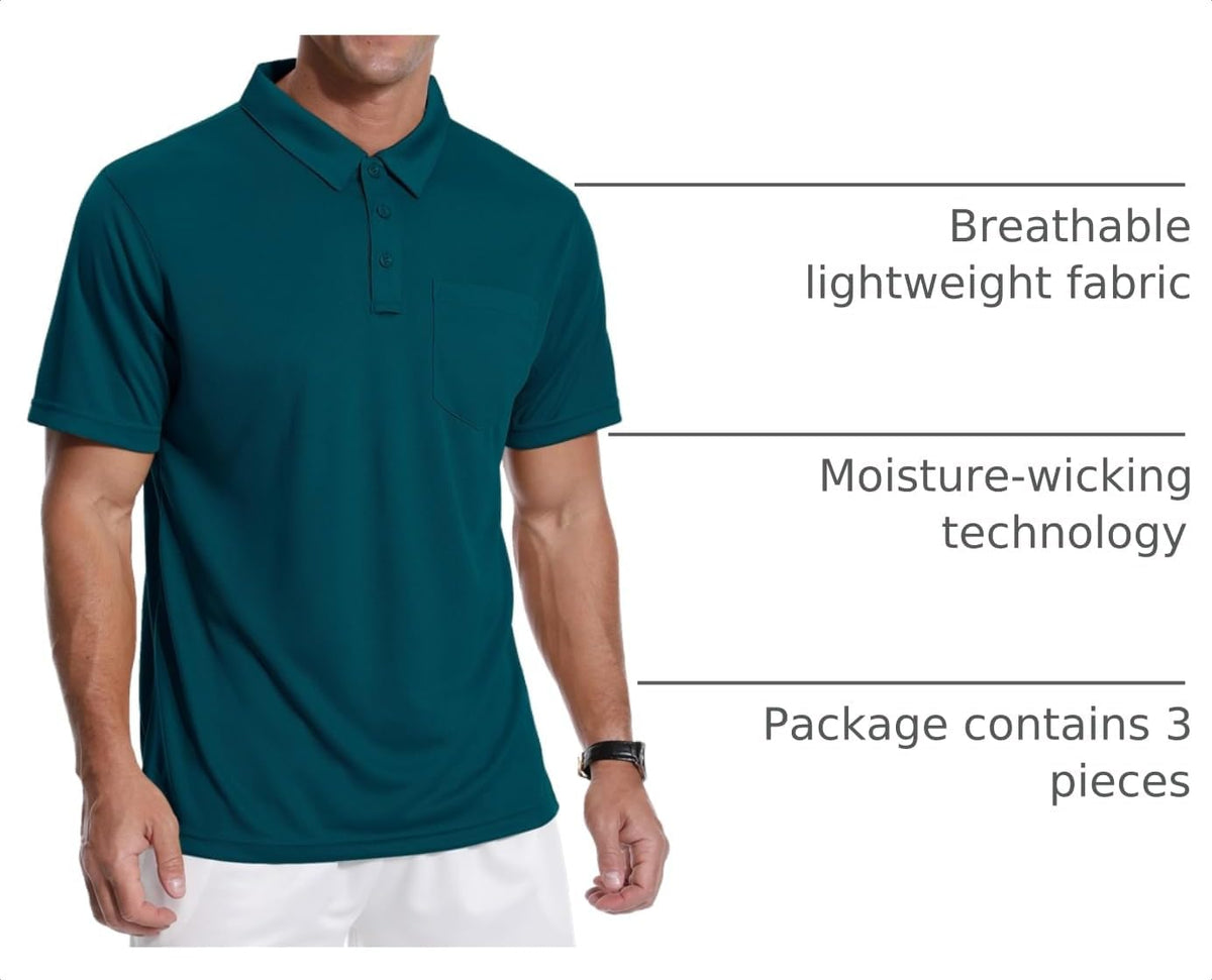 ZITY Men's 3 Pack Polo Shirts Short Sleeve with Pocket Moisture Wicking Casual Work Golf Lightweight Collared T-Shirts