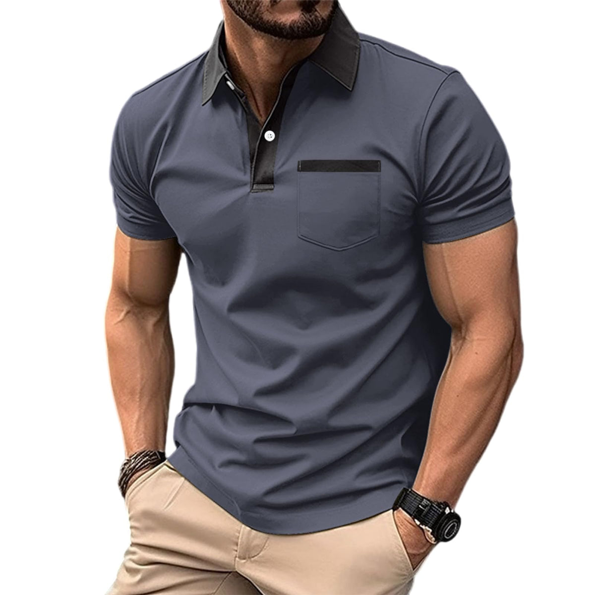 Mens Casual Polo Shirts Classic Short Sleeve Golf Shirt Fashion Button Cotton Top with Pocket
