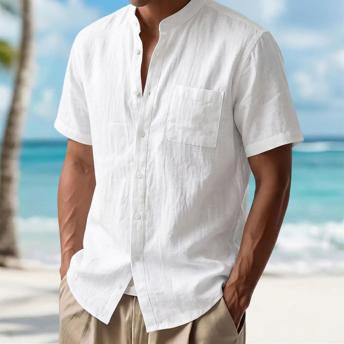 Men's 2-Pack Plain Casual Cotton-Linen Short-Sleeve Shirts - Stand Collar, Single-Button Front, Pocketed Tops, White + Light Blue, Breathable for Hot Days, Vacation Wear