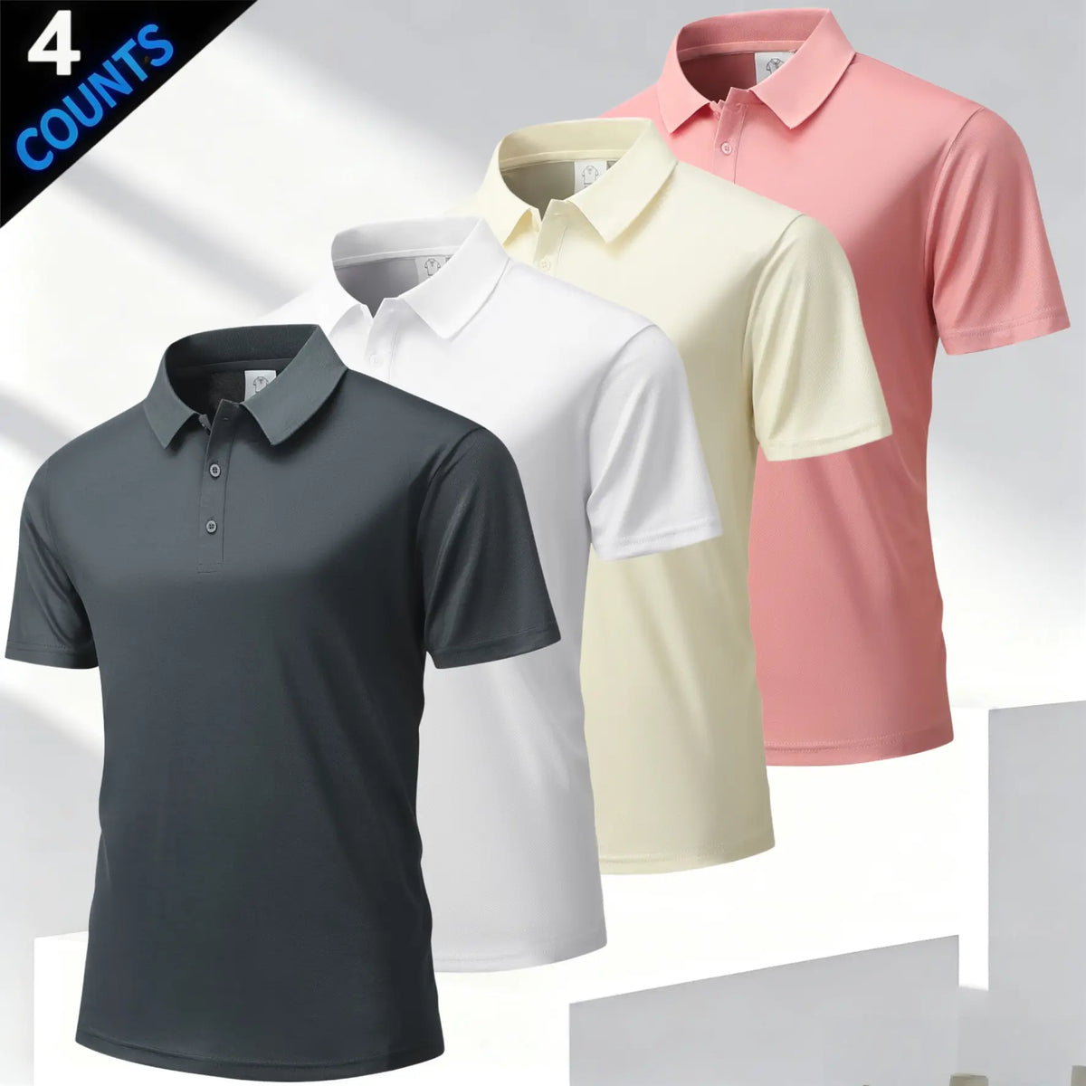 Men's 4 Plain Short-Sleeve Smart Casual Polo Shirts Top, Business Style with Classic Turn-Down Collar, Refined Buttons, Breathable Skin-Friendly Mesh Fabric, Versatile Multi-Season Fit