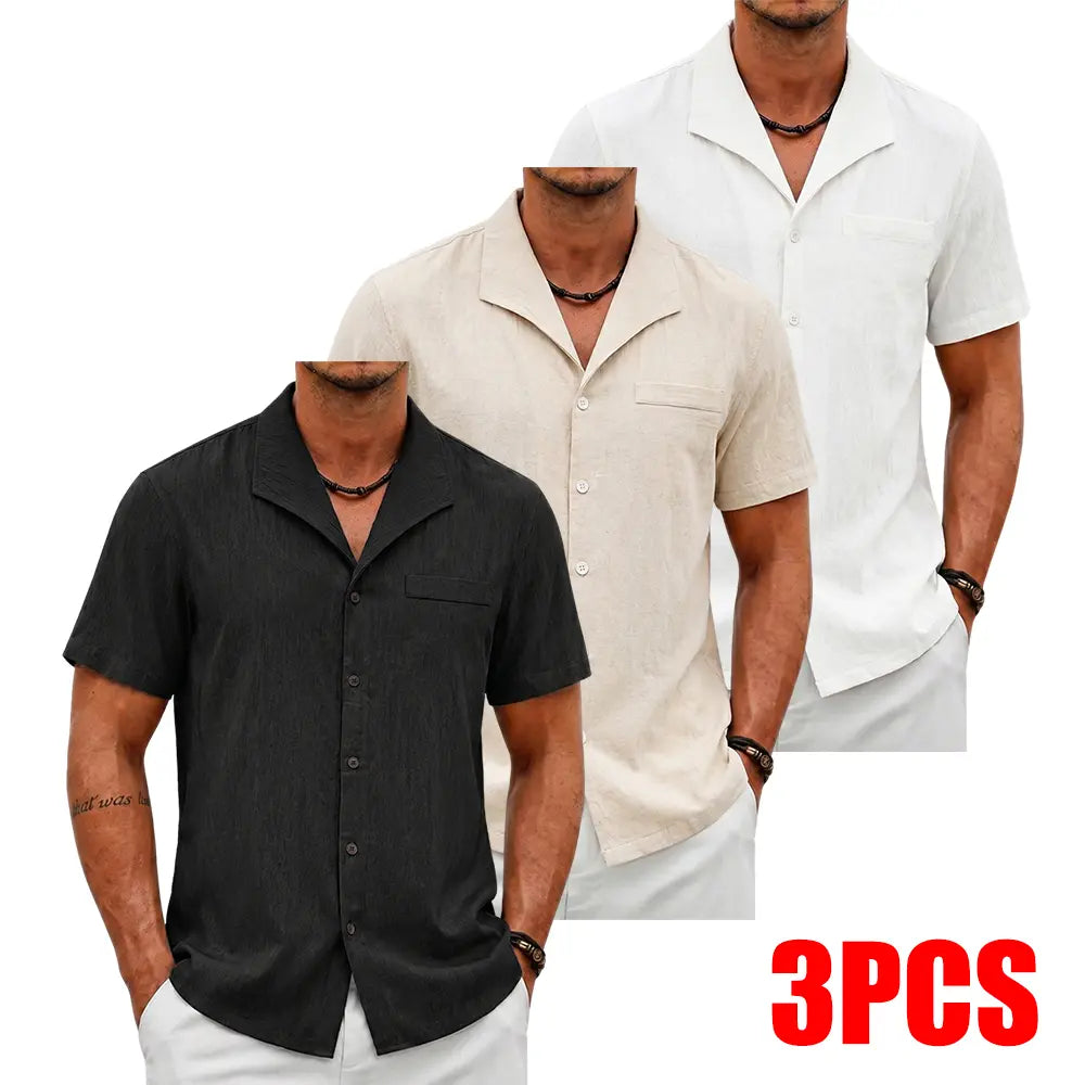 Men's 3-Pack Classic Cuban Collar Shortsleeve Shirts, Linen Blend Button Up Design Casual Button Front Tops, Breathable Casual Style for Daily & Beach Wear