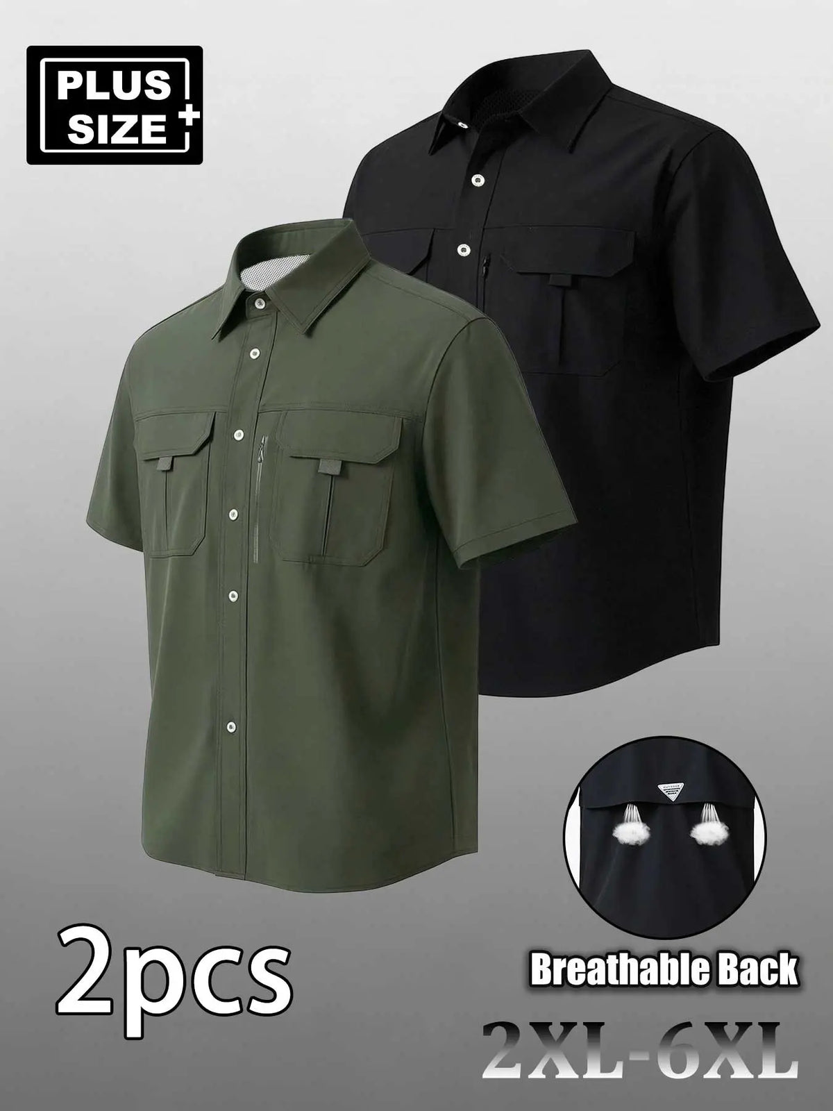 Plus Size Men's Casual Loose Summer Shirt, Short Sleeve Shirt with Multiple Pockets, Zip Details, Breathable Elastic Fabric, Casual Breathable Design, Ideal for Commute & Outdoor Activities, Top