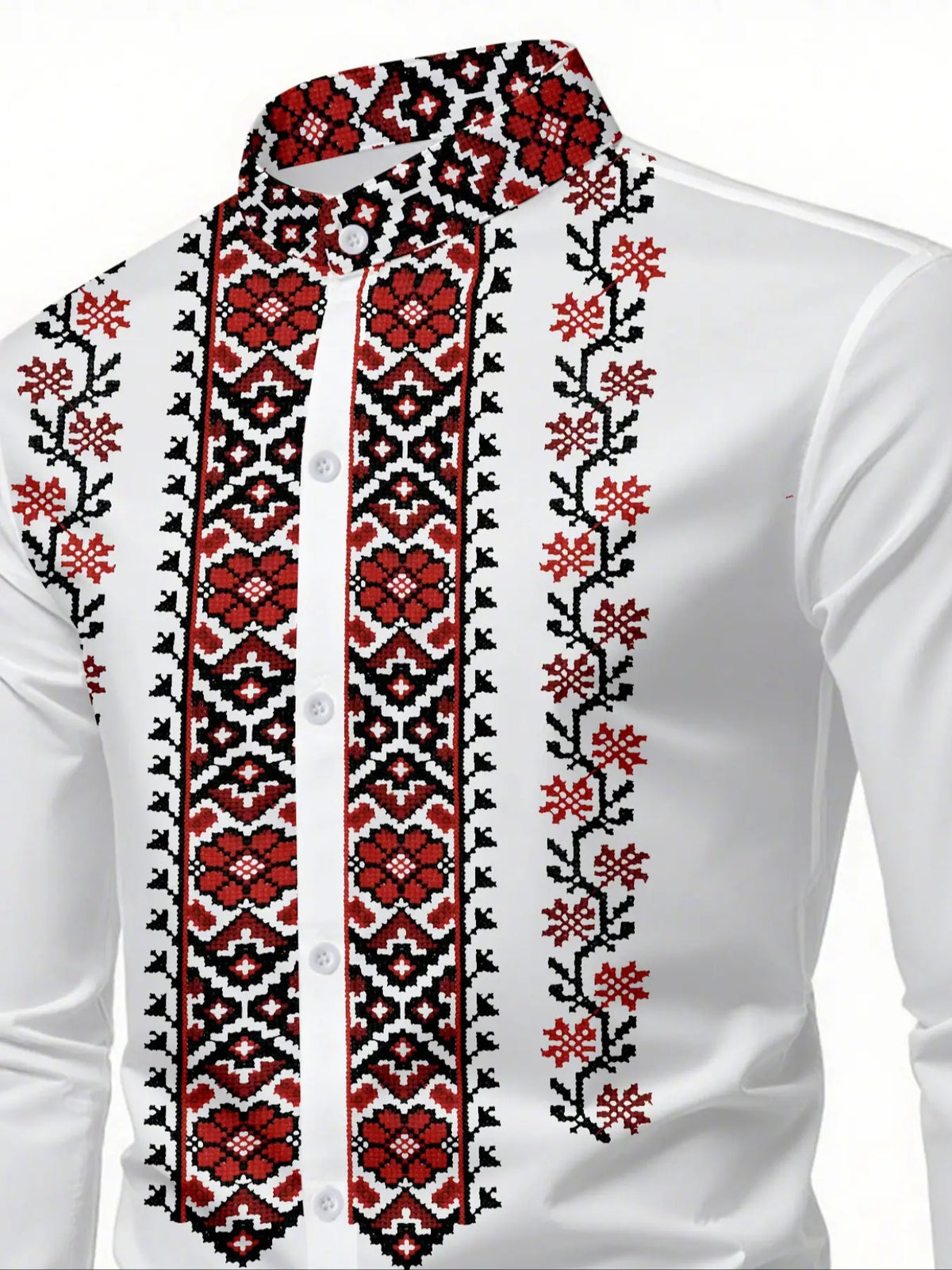 Men's Ethnic Cultural Print Shirt, Long Sleeve Collared Fitted Blouse, Casual Spring & Fall Top, Trendy Vacation Wear, No Zipper Design