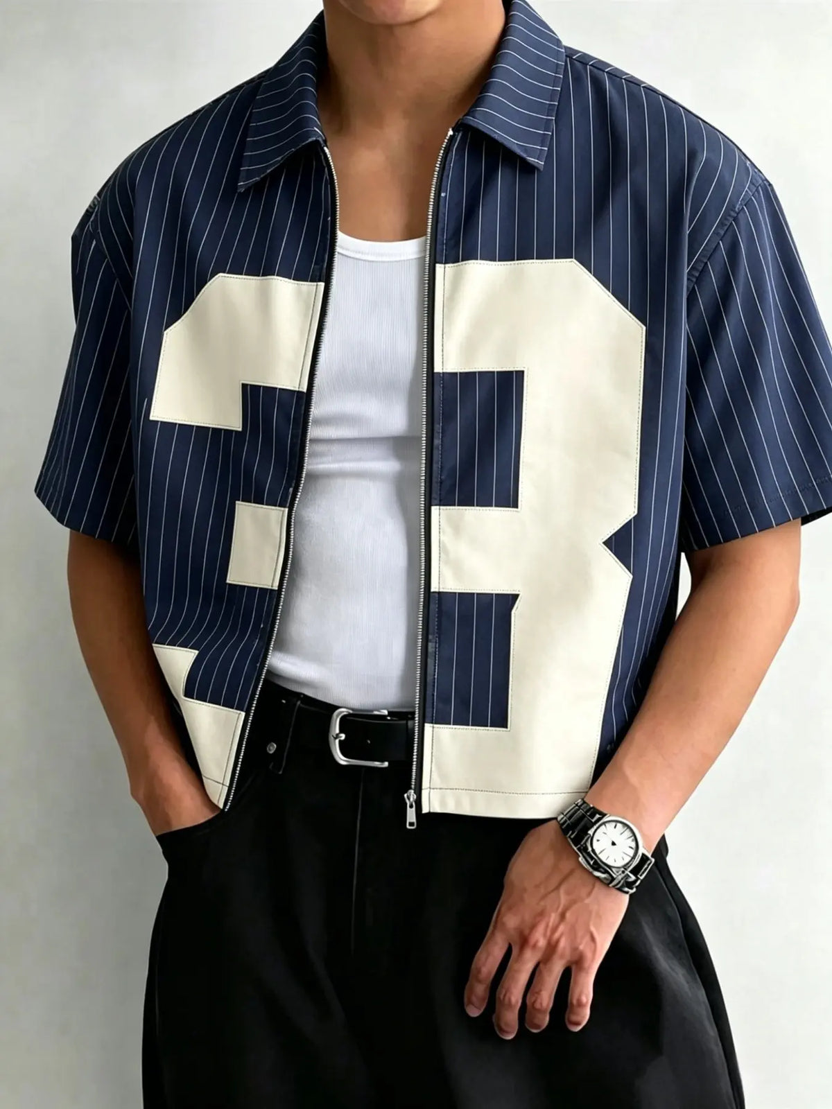 Short Cropped Lapel Short Sleeve Zipper Shirt, Clean Fit Streetwear, Y2K Style, Casual Daily Wear, Music Festival, Collared Fitted Shirt