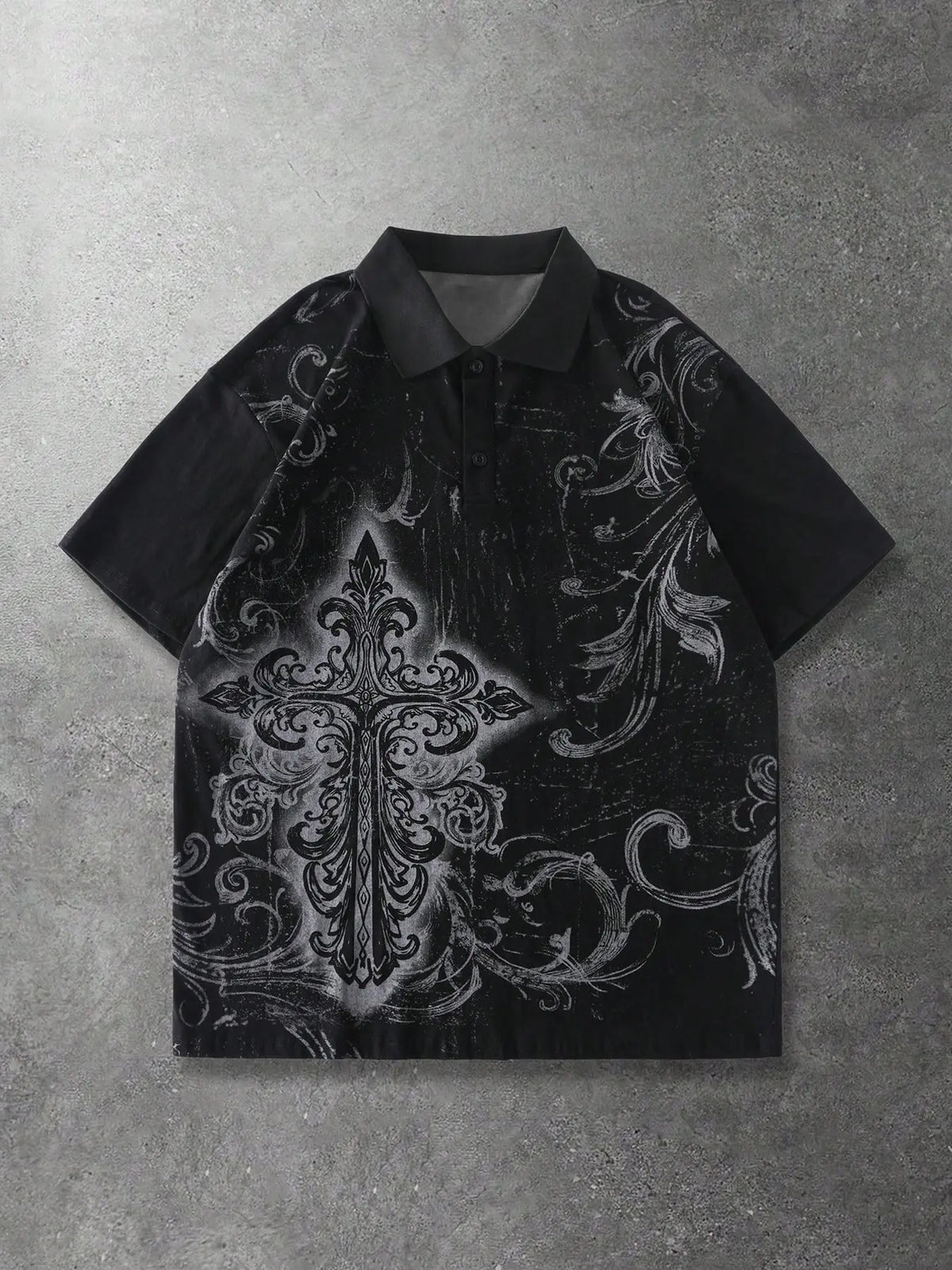 Men's Y2K Retro Gothic Hip Hop Polo Shirt - Black Cotton with White Gothic Cross & Baroque Scrollwork Print, Distressed Vintage Effect, Relaxed Fit Casual Streetwear Polo Top for 90s Grunge Style, Daily OOTD, Summer Vacation, and Beach Party