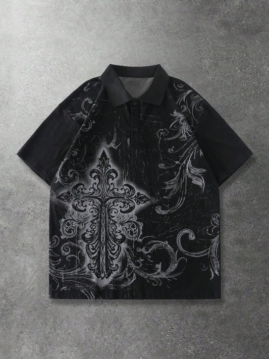 Men's Y2K Retro Gothic Hip Hop Polo Shirt - Black Cotton with White Gothic Cross & Baroque Scrollwork Print, Distressed Vintage Effect, Relaxed Fit Casual Streetwear Polo Top for 90s Grunge Style, Daily OOTD, Summer Vacation, and Beach Party
