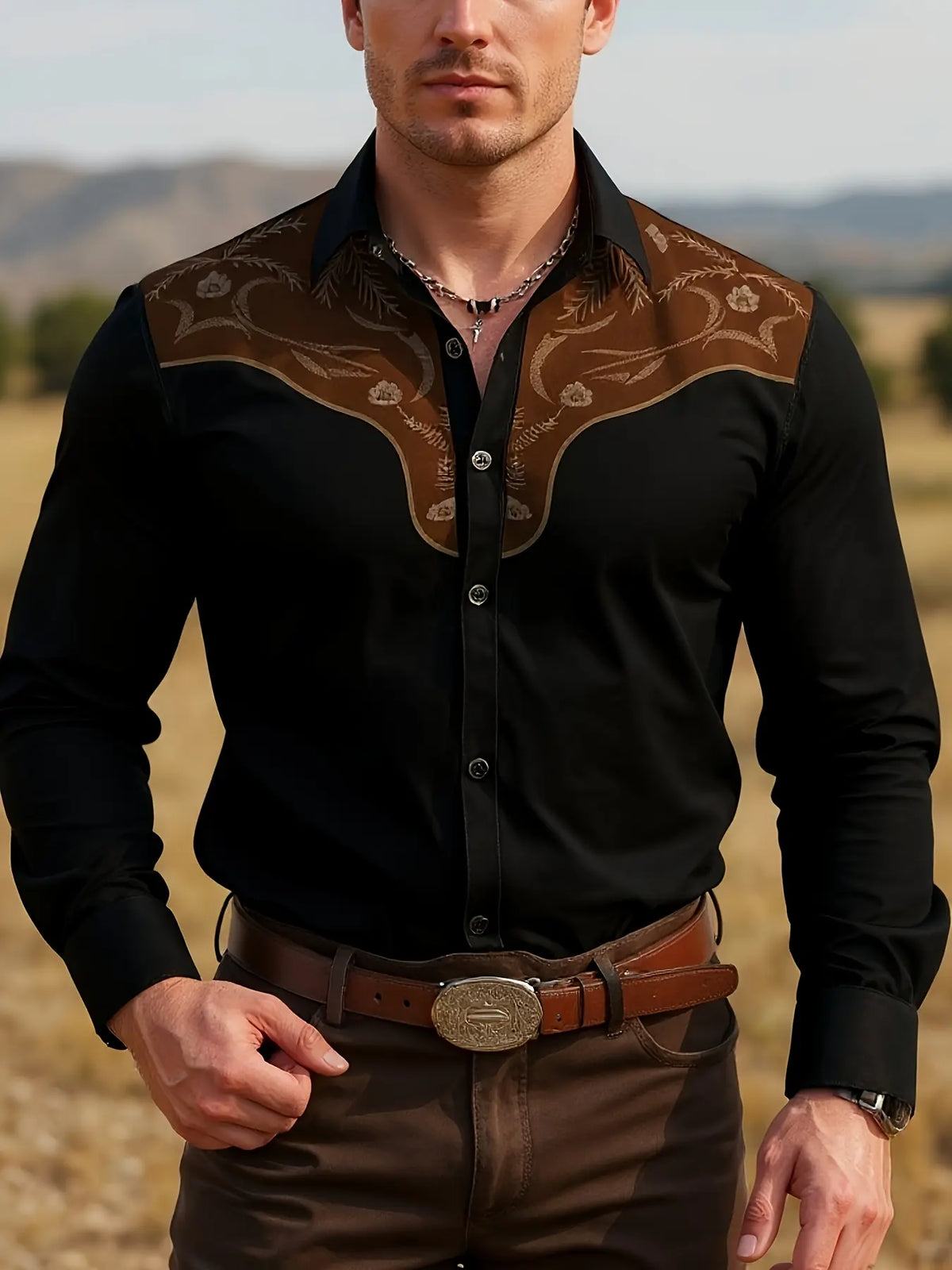 Men's Western Cowboy Style Shirt, Casual Fashion Shirt, Long Sleeve, Fitted Print Design, Casual Printed, All Seasons Wear, Comfortable and Stylish, Perfect for Casual, Casual Pattern