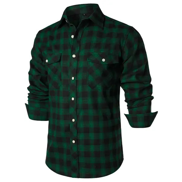 ZEROYAA Men's Plaid Flannel Shacket Tops - Classic Regular Fit, Collared Long Sleeve Button-Up Shirt with Pockets, Rayon Fabric, Button Detailing for Casual Business Wear