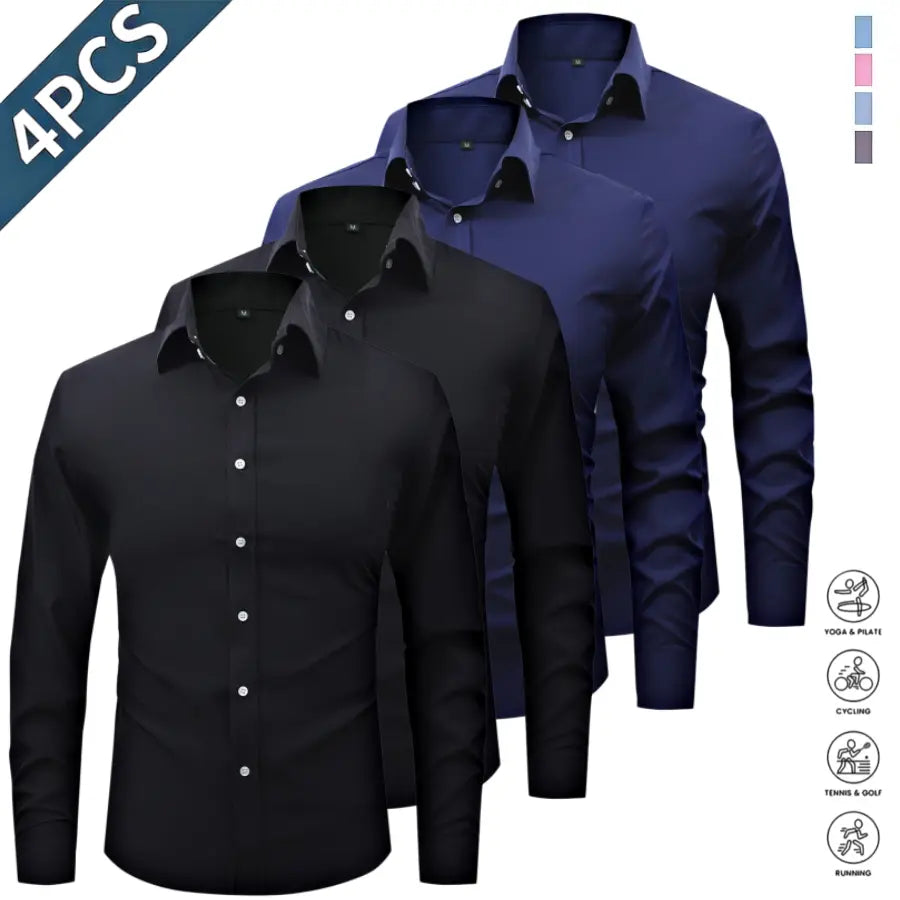 Men’s Solid-Color Long-Sleeve Shirts (4-Pack) - Fashion Apparel with Notched Lapel Collar, Comfortable Neck Button Placement, Sharp Structured Fit, Stretch Fabric, Mens Gifts for Fathers Day, 4 Shirts Refresh Your Rotation