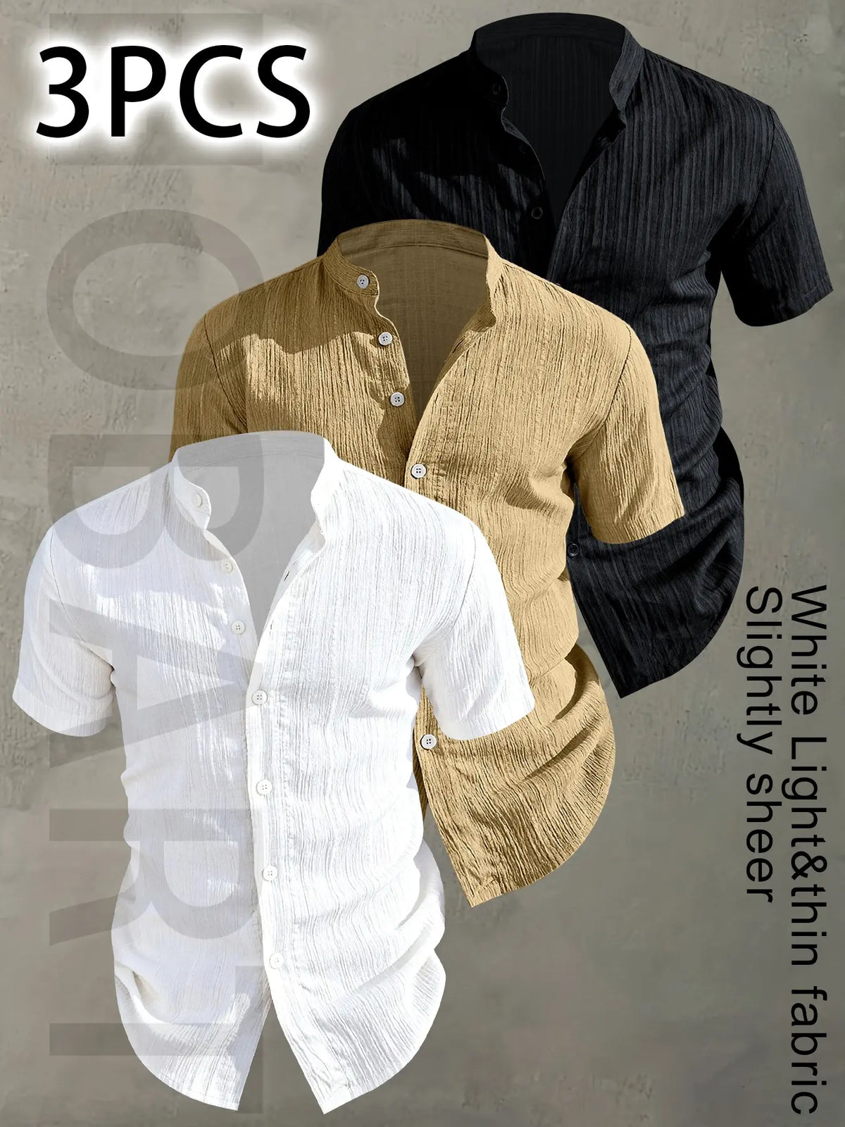 3pcs Set Men's Summer Short Sleeve - Lightweight Breathable Plain Color Button-Up Casual Shirt with Stand Collar, Low-cut collar designr Beach Vacation, Pool Party & Casual Attire, Beach Shirt, Collared Fitted Shirt, gift for husband