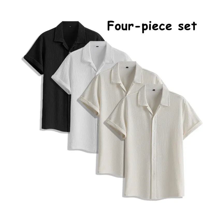 Men's 4-Pack Button Up Short Sleeve Collared Dress Shirts, Stylish Solid Color Men's Clothing Top, Comfortable Breathable Lightweight Turn-Down Collar Shirts for Commuting
