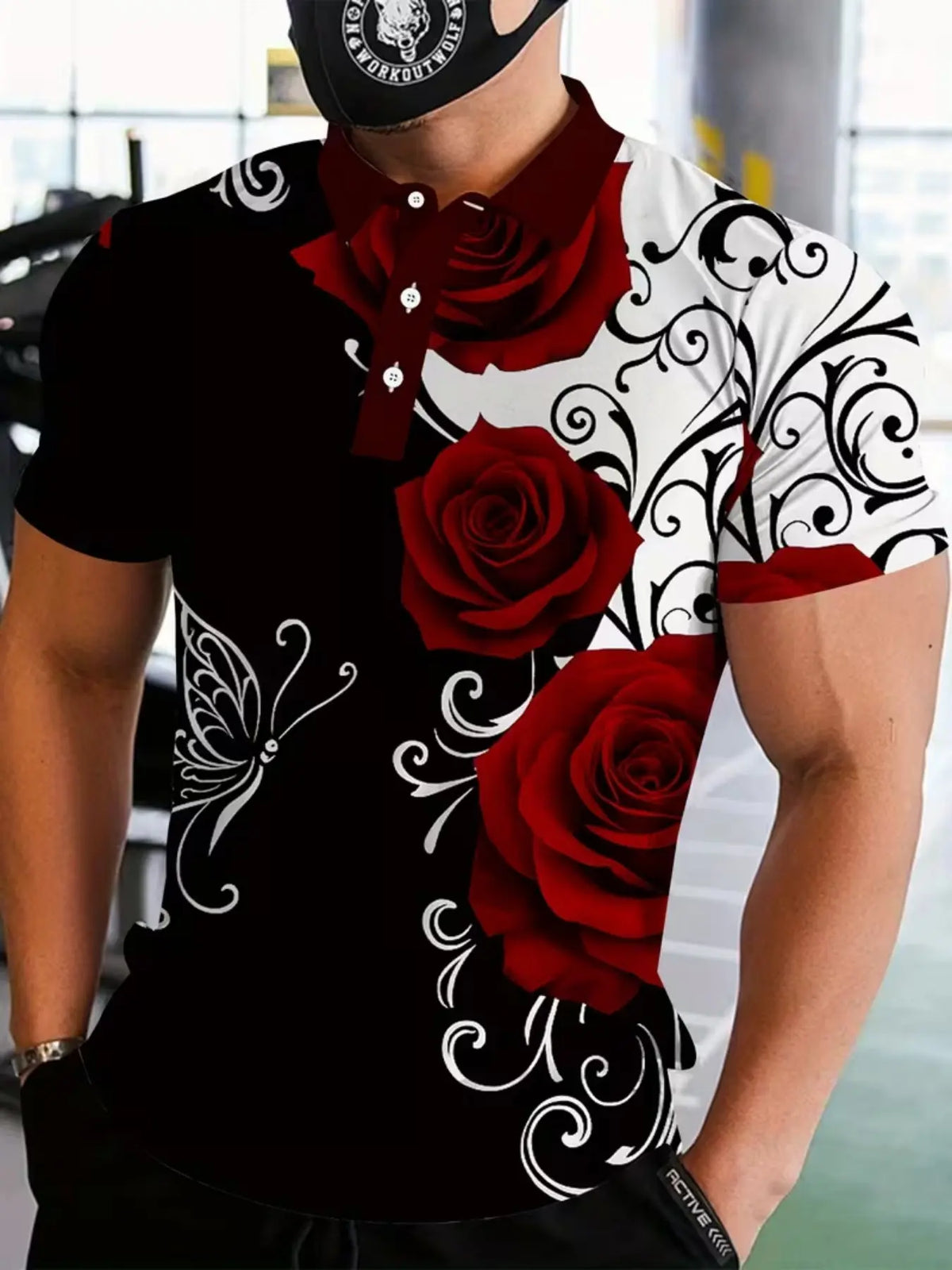 Men's Rose Print Floral Short Sleeve Buttoned Polo Shirt, Fitted Polo Shirts, Fashion Trendy Design, Casual Fitted Top, Graphic Pattern, Summer Wear, Summer Polos, Menswear