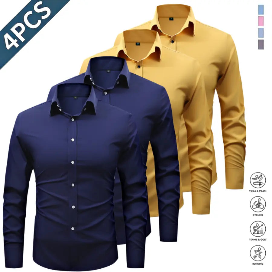 Men’s Solid-Color Long-Sleeve Shirts (4-Pack) - Fashion Apparel with Notched Lapel Collar, Comfortable Neck Button Placement, Sharp Structured Fit, Stretch Fabric, Mens Gifts for Fathers Day, 4 Shirts Refresh Your Rotation