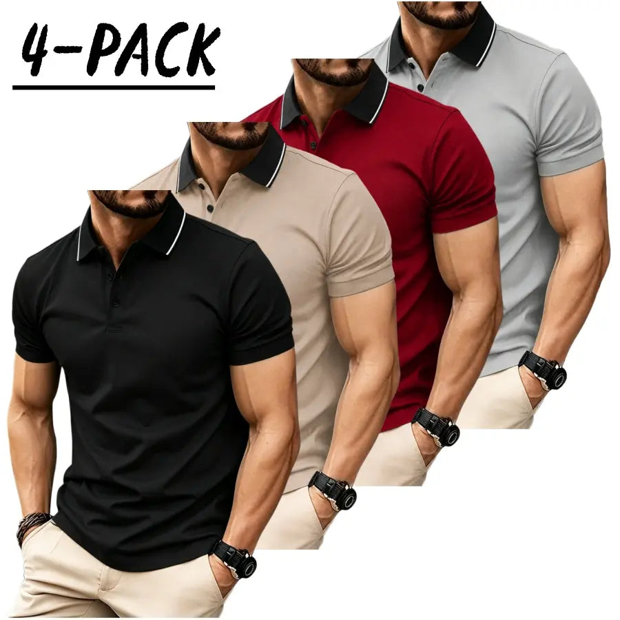 Men’s short sleeve polo shirt set of four pieces with a turn down collar and three buttons; urban casual style with contrast piping at the collar, slim tailored shoulders, and refined bead detailing. Suitable for men’s commuting, shopping, and exploring s