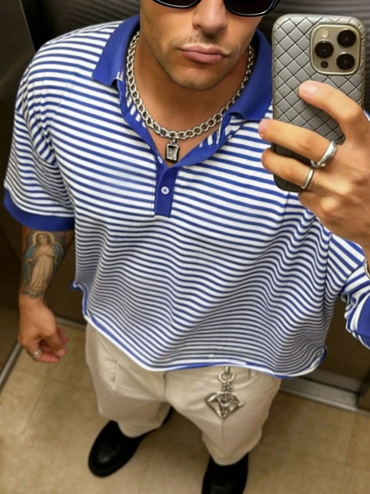 1 Pack Men's Cropped Oversized American Buttoned Polo Shirt Blue White Striped Striped Polo Neck Loose Fit Casual Preppy Fashion Short Sleeve Polo Top for Men Summer Daily Street Commute Wear