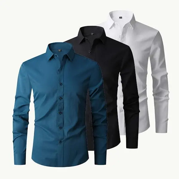 Men’s slim-fit long-sleeve button-up shirts, 3-pack — non-stretch, wrinkle-resistant, moisture-wicking, suitable for everyday wear