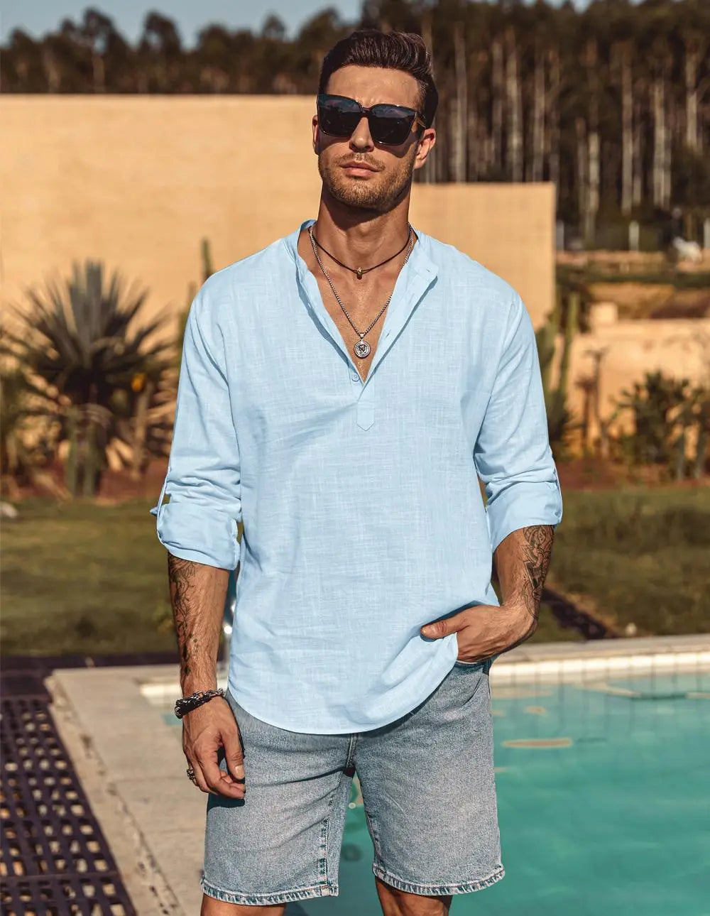 COOFANDY Week Men's Cotton Linen Henley Shirt Long Sleeve Hippie Casual Beach T Shirts Menswear Soft Beach Wear Breathable Vneck Fashion Lightweight Stylish Slim Fit（runs small ）