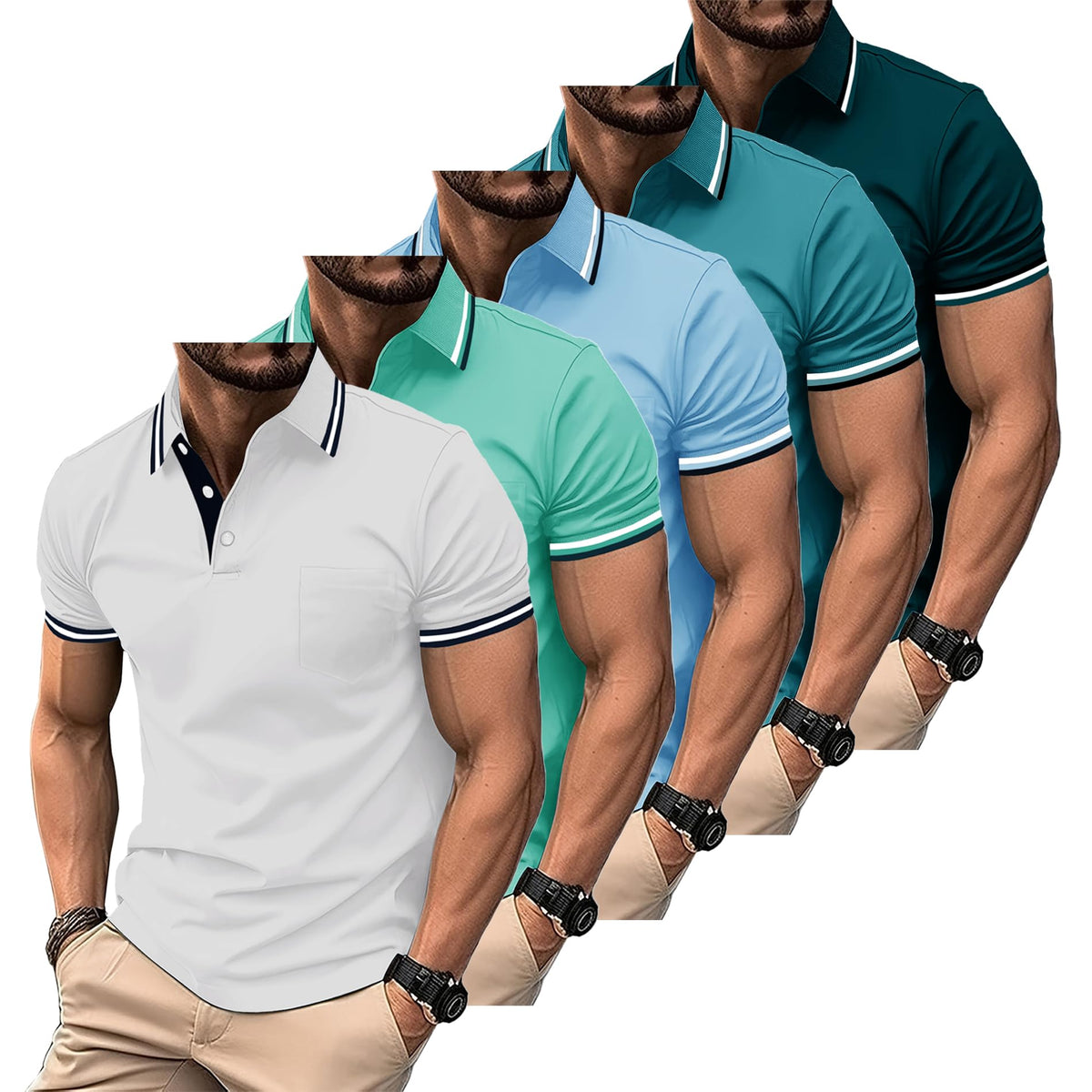 SWISSWELL 5 Pack Mens Polo Shirts Short Sleeve with Pocket Performance Golf Polos for Men Casual Collared Athletic T-Shirt