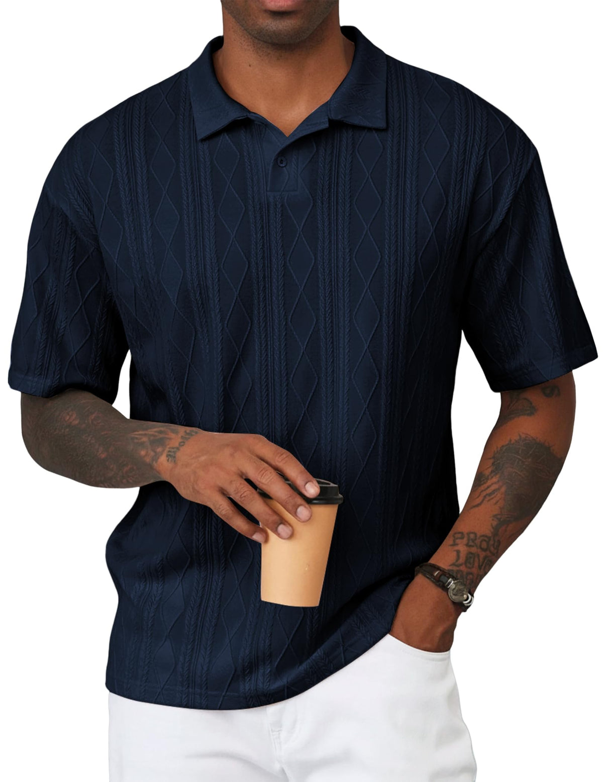 JMIERR Mens Polo Shirt Textured Knit Button Casual Short Sleeve Summer Vacation Beach Stretchy Golf Shirts