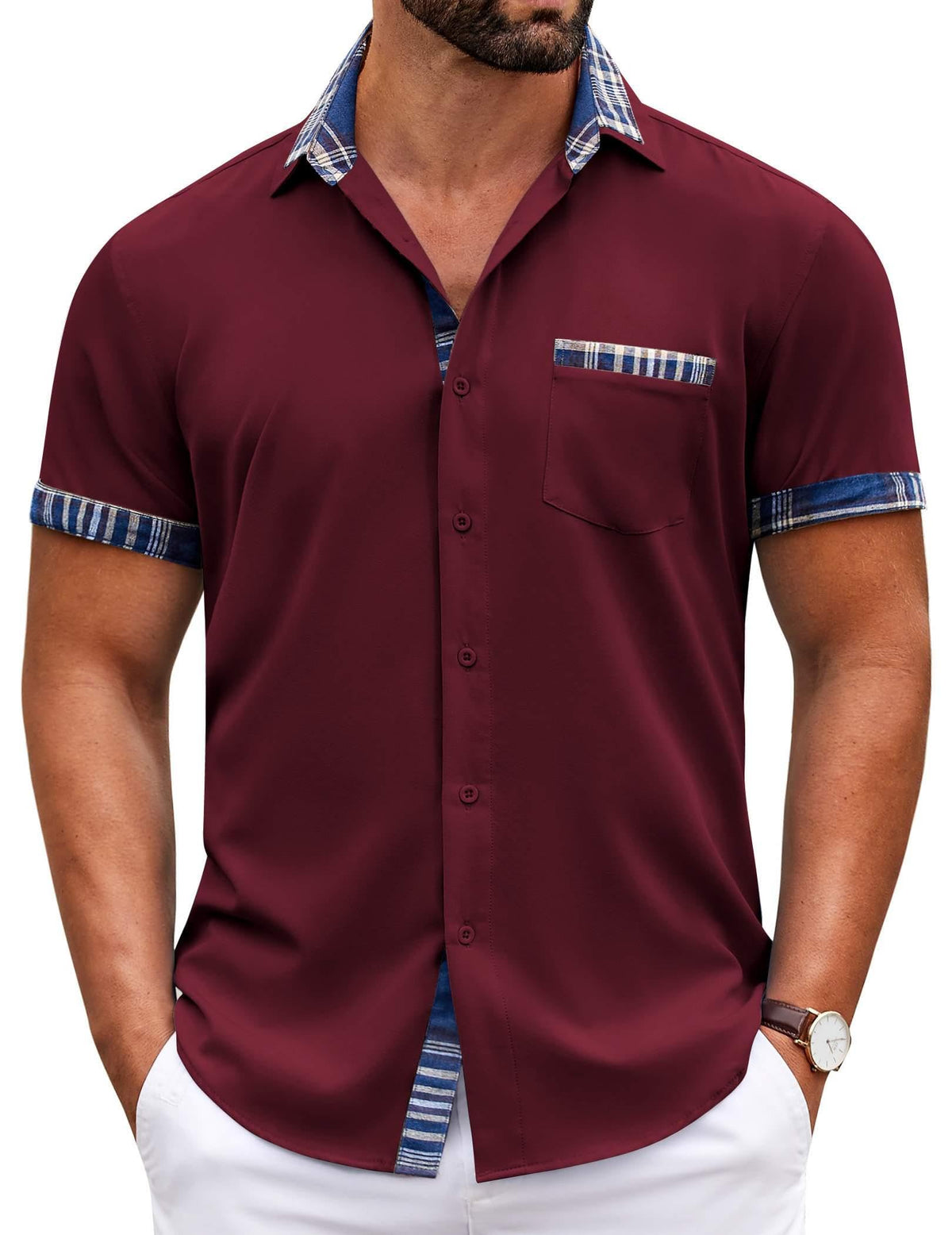 COOFANDY Mens Short Sleeve Button Down Shirts Casual Wrinkle Free Dress Shirt Plaid Collar Summer Shirts