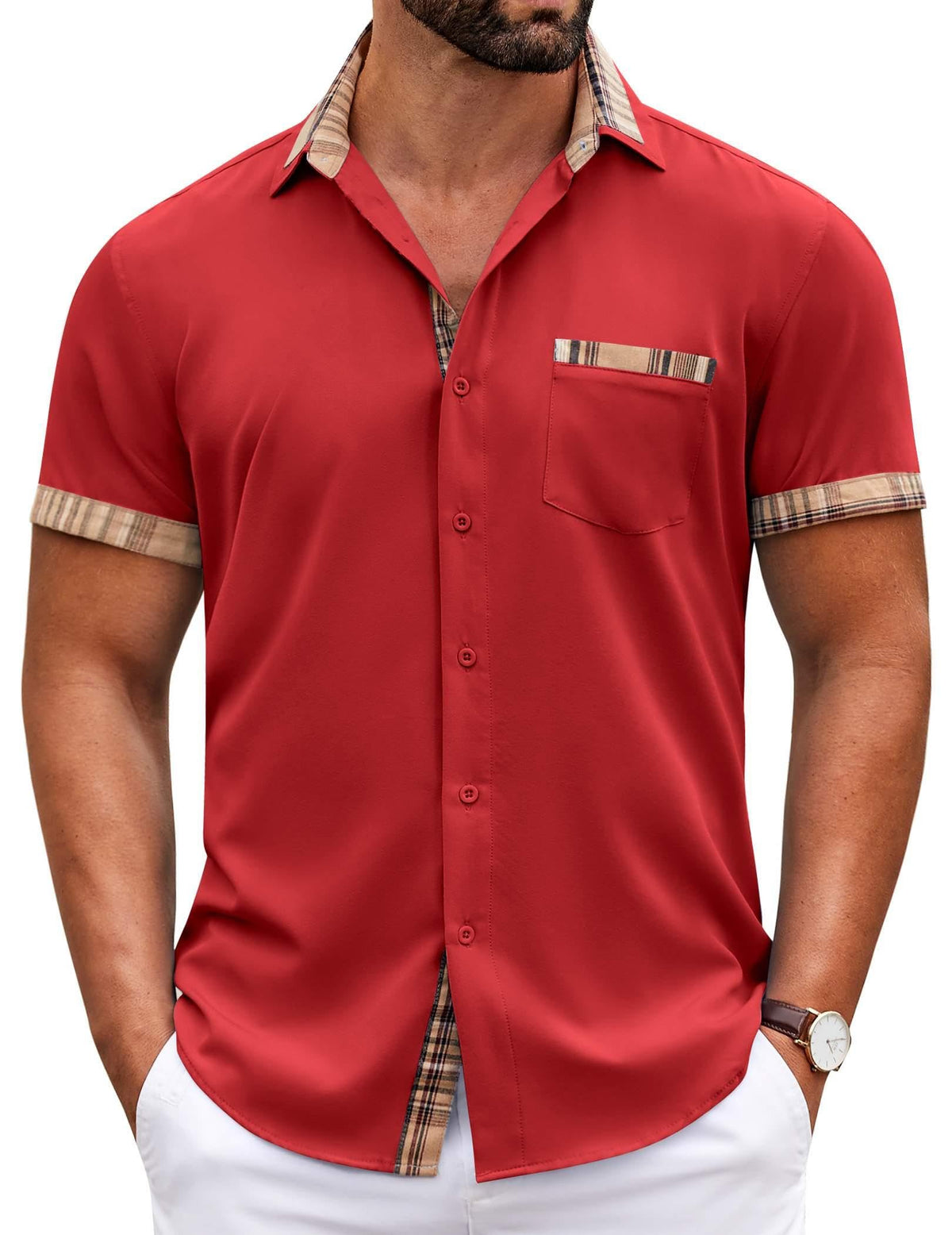 COOFANDY Mens Short Sleeve Button Down Shirts Casual Wrinkle Free Dress Shirt Plaid Collar Summer Shirts