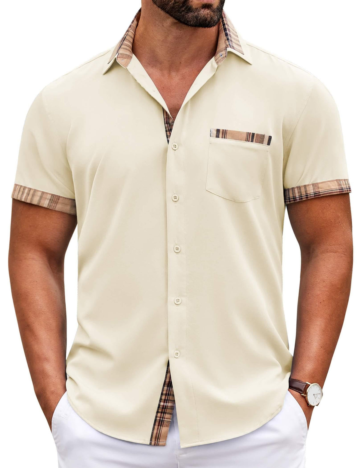 COOFANDY Mens Short Sleeve Button Down Shirts Casual Wrinkle Free Dress Shirt Plaid Collar Summer Shirts