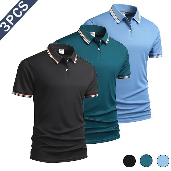 Men's 3-Piece Summer Polo Shirt Set, Polyester Fiber Fabric with Striped Sleeve Cuffs, Sporty Chic Smart Casual Top for Men's Clothing, Casual & Outdoor Use