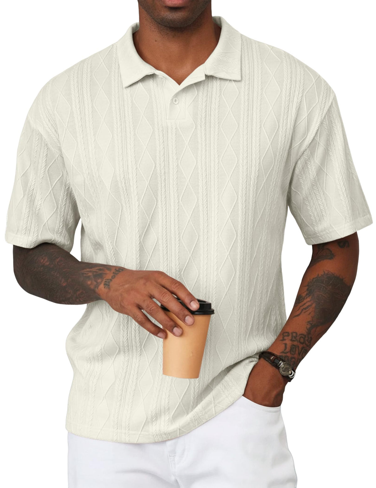 JMIERR Mens Polo Shirt Textured Knit Button Casual Short Sleeve Summer Vacation Beach Stretchy Golf Shirts