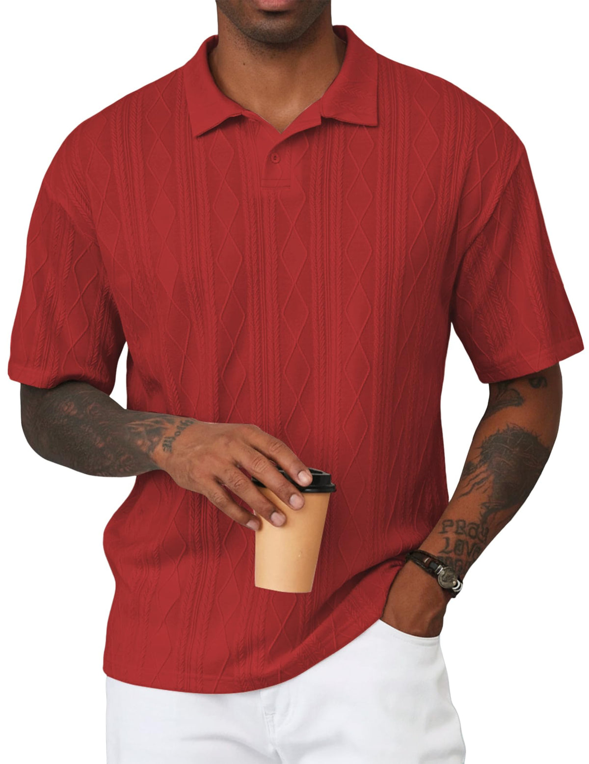 JMIERR Mens Polo Shirt Textured Knit Button Casual Short Sleeve Summer Vacation Beach Stretchy Golf Shirts