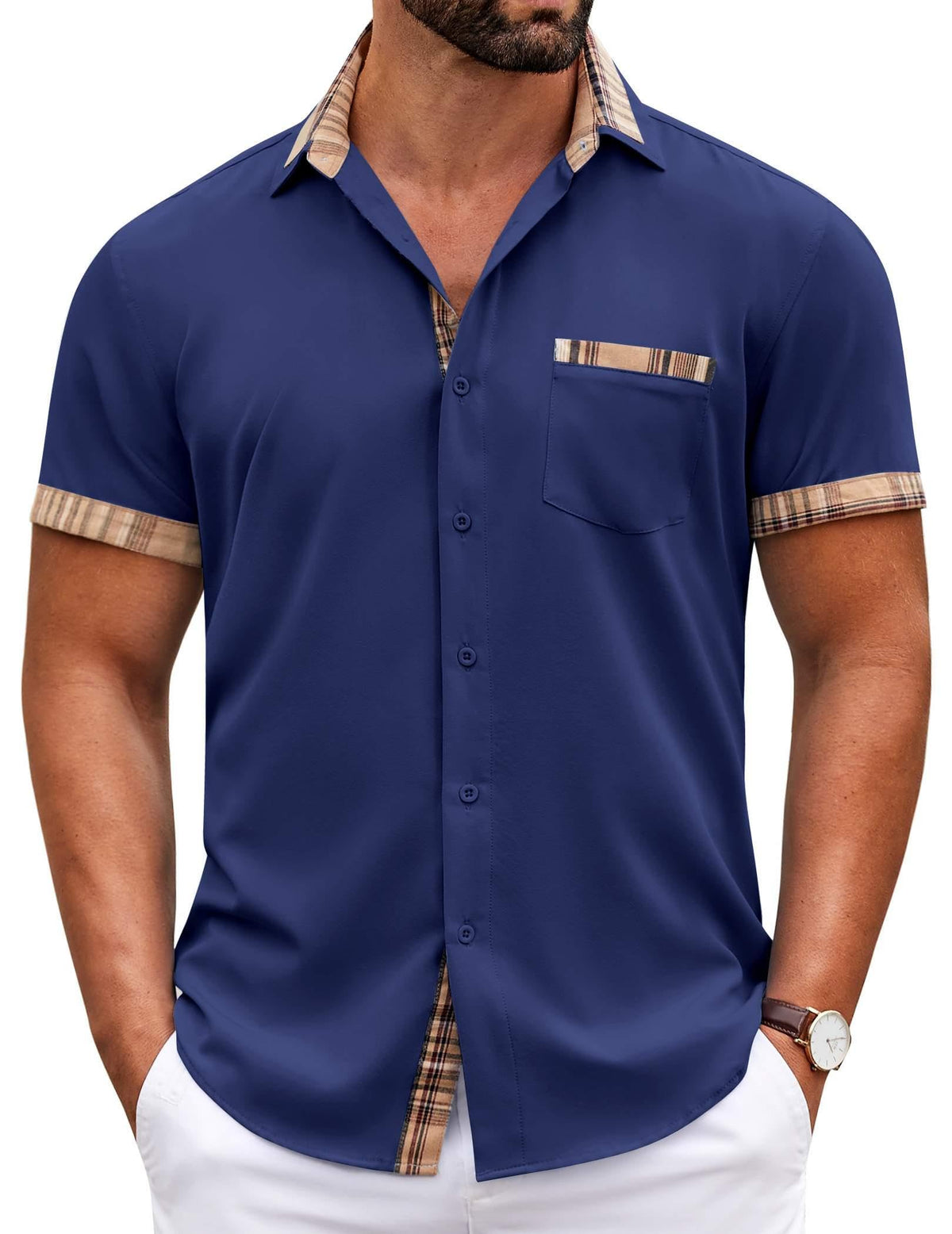 COOFANDY Mens Short Sleeve Button Down Shirts Casual Wrinkle Free Dress Shirt Plaid Collar Summer Shirts